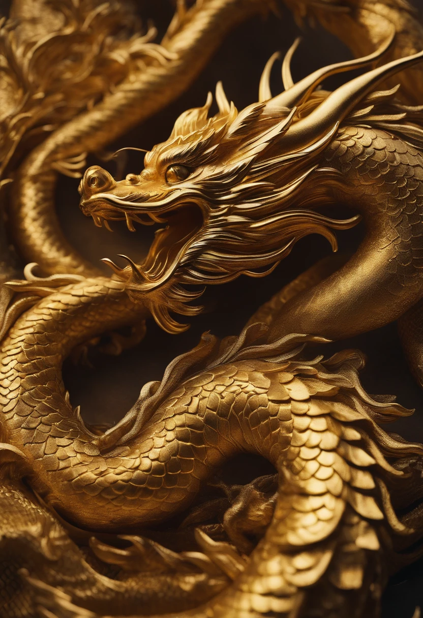 Luxurious golden Chinese dragon brain,Shimmering with a fish-scale-like texture,Layered with majestic Chinese dragon tails,It constitutes a beautiful and fascinating composition。