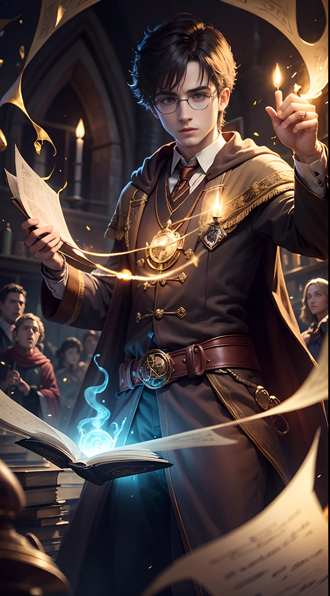 （The man in the Harry Potter universe is in class）, A look of determination，A vibrant magic mystery potions classroom, Magic Book, Cast a magic wand,  Flashing spell effect, Spin the robe, Engaging lectures, Engaging storytelling, Enigmatic Atmosphere, Flashing candlelight, Spells and charms,  Wonderful exams, Wizard test, Brewing potions, intense concentration, magical artifacts,  enchanting spell, Engaging course。"