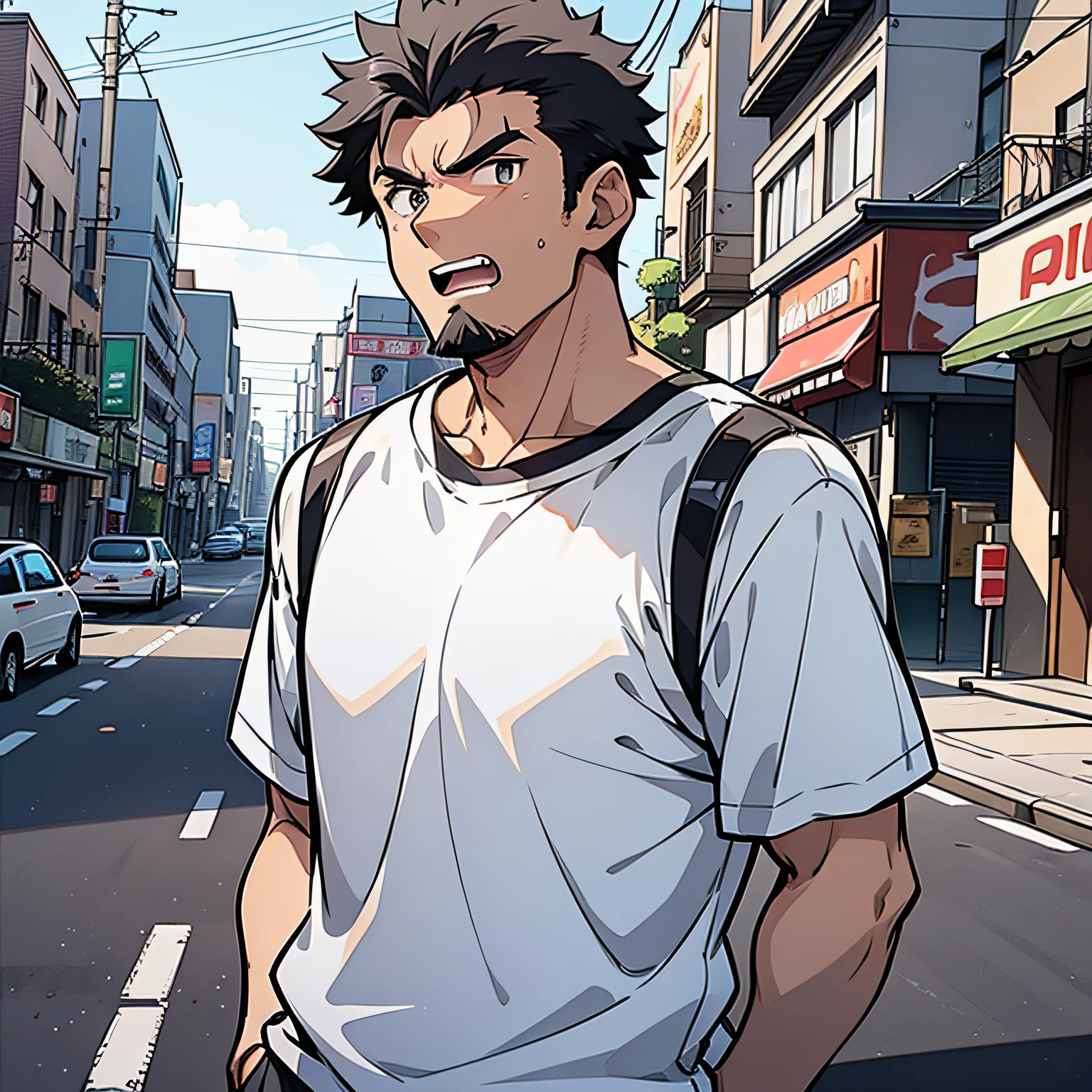 A middle-aged uncle，Black hair and baldness，dressed in a white t-shirt，Standing on the side of the road in town with an angry expression（Open mouth 1.5）（Rage 1.5）（The background is on the roadside of town：1.5），Anime style 4K，Anime rendering，style of anime，8K fineness，（Upper body display：1.5）（Cinematic lighting：1.5）Vicissitudes of middle-aged man 1.5（Wrinkle 1.5）（Slag 1.5）