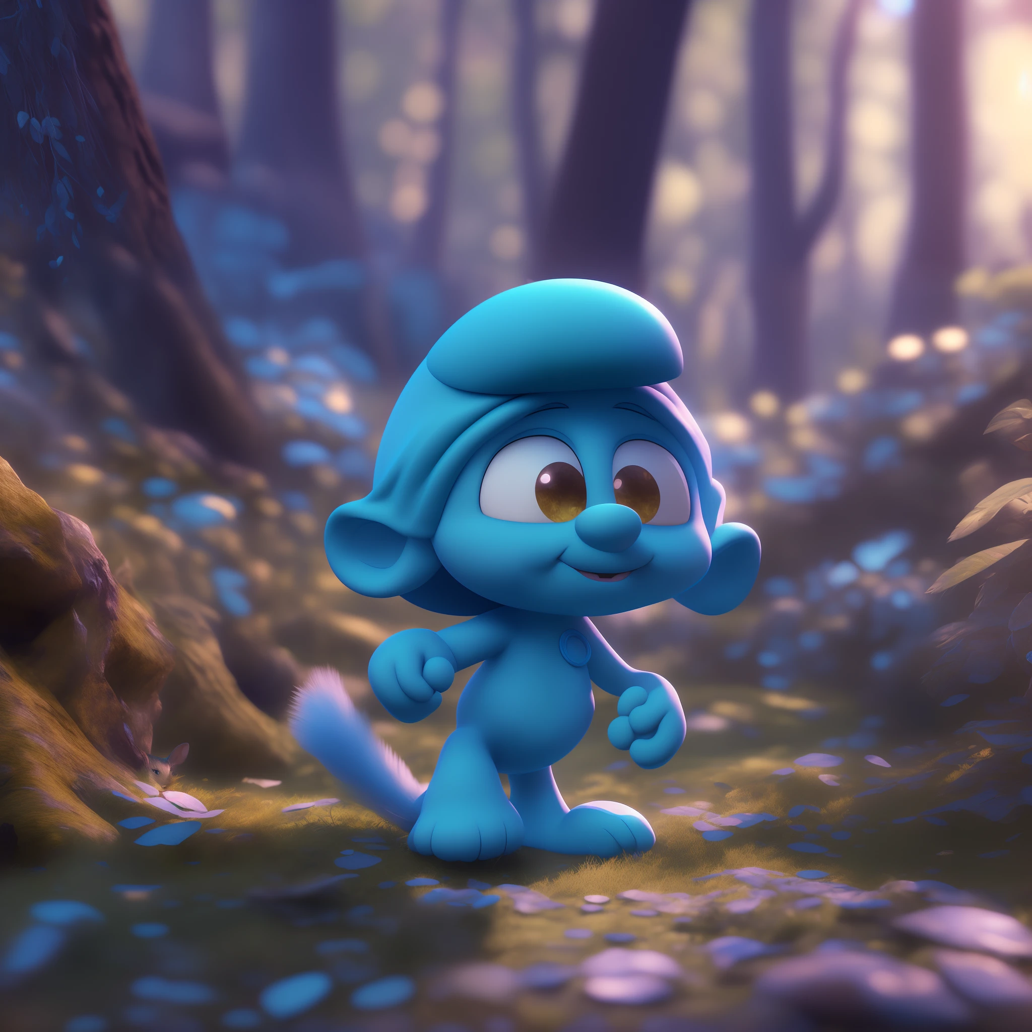 (a beautiful Smurf with a cat-like appearance, blue skin, walking in a forest, macro shot camera, radiant day, Unreal Engine 5, dynamic illumination, ray tracing, global illumination, Octane render), (best quality,4k,8k,highres,masterpiece:1.2),ultra-detailed,(realistic,photorealistic,photo-realistic:1.37),Cinematic,shot of a 3d animated film,scene of film,cute,awesome character,art,3d concept art,digital art,8k concept wallpaper.