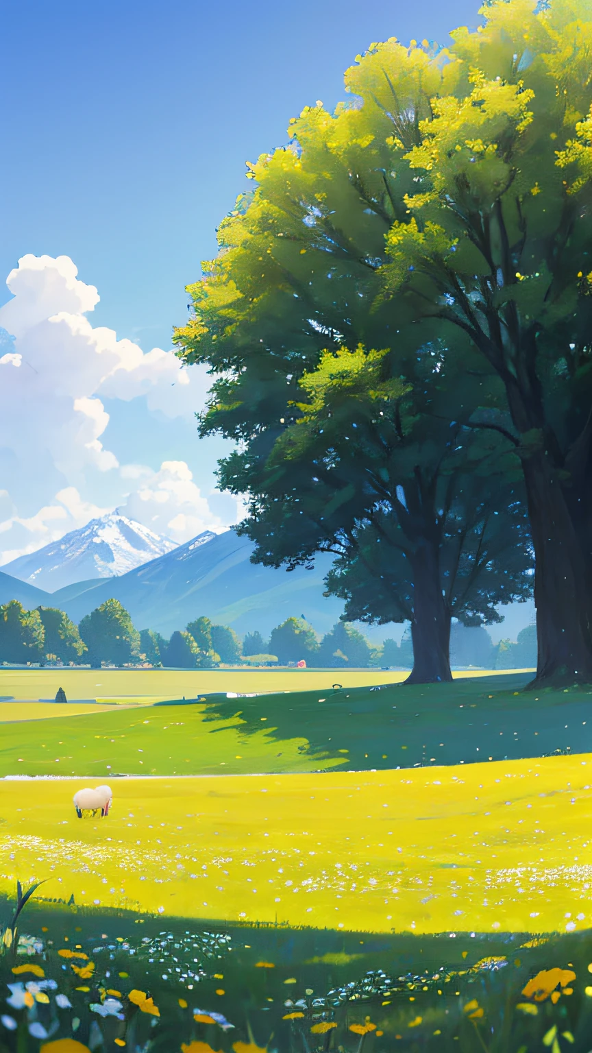 Summer, meadows, a few small flowers, clear lakes, sheep, heaven, large clouds, blue sky, hot weather, HD detail, hyper-detail, cinematic, surrealism, soft light, deep field focus bokeh, distant vistas are tall snowy mountains, ray tracing, and surrealism.