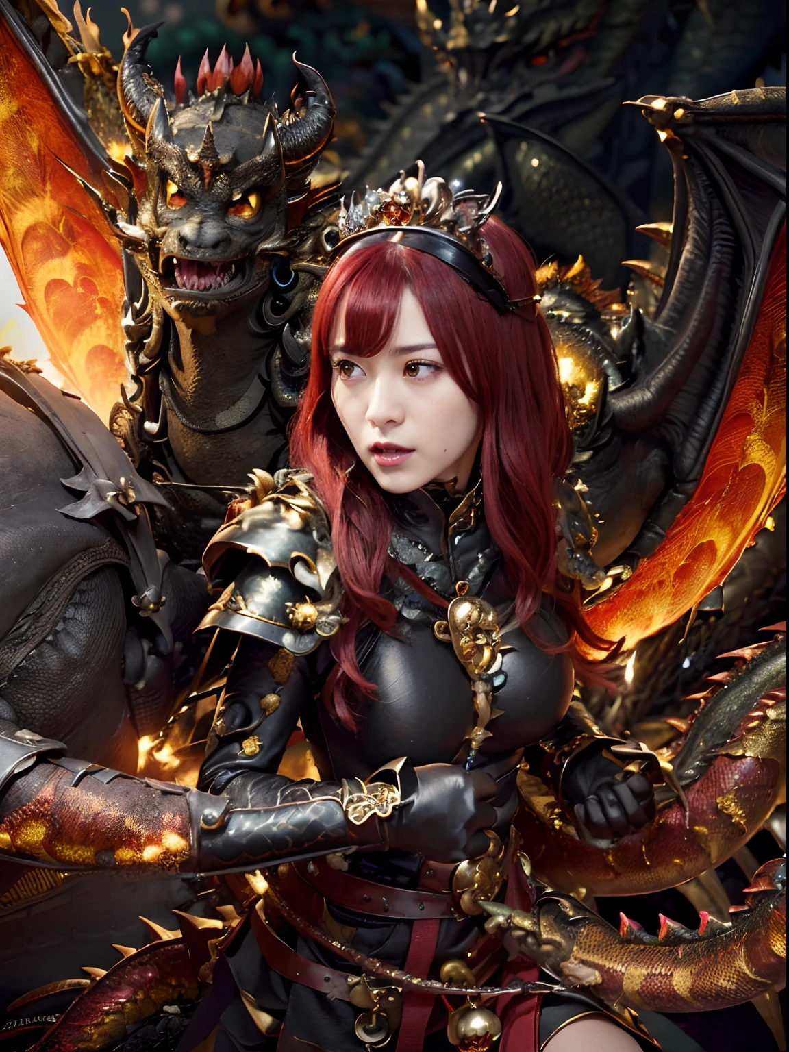 (The Ultimate Beauty Face), Professional , ​masterpiece、top-quality、photos realistic , depth of fields （Gemstone Black Metal Body:1.4),(Matte Black、（cleavage of the breast）、Dragon Gold Weapon,Mystical expression、Particles of light、((((Fight dragons)))、（Dragon Metal Body:1.４),Gorgeous Silver Weapons ,（（ Dragon's dense and gorgeous sword）） , Beautiful knife   ,warhammer 40k , adepta sororitas,Detail and gorgeous crown、（（Red hair））、（Castle background）、、（（Gangle's forest background））、Beautiful Caucasian beauty、１a person、dynamic ungle,(((Detailed and ornate Black Devil Crown)))、Smaller head、A smile、Castle background、Thin and beautiful female hands、cleavage of the breast、Soldier in iron armor on background、Mystical expression、Light Effects、intense fighting、Wind-effect、magic circles、With the legendary magic wand、（demonic wings）、