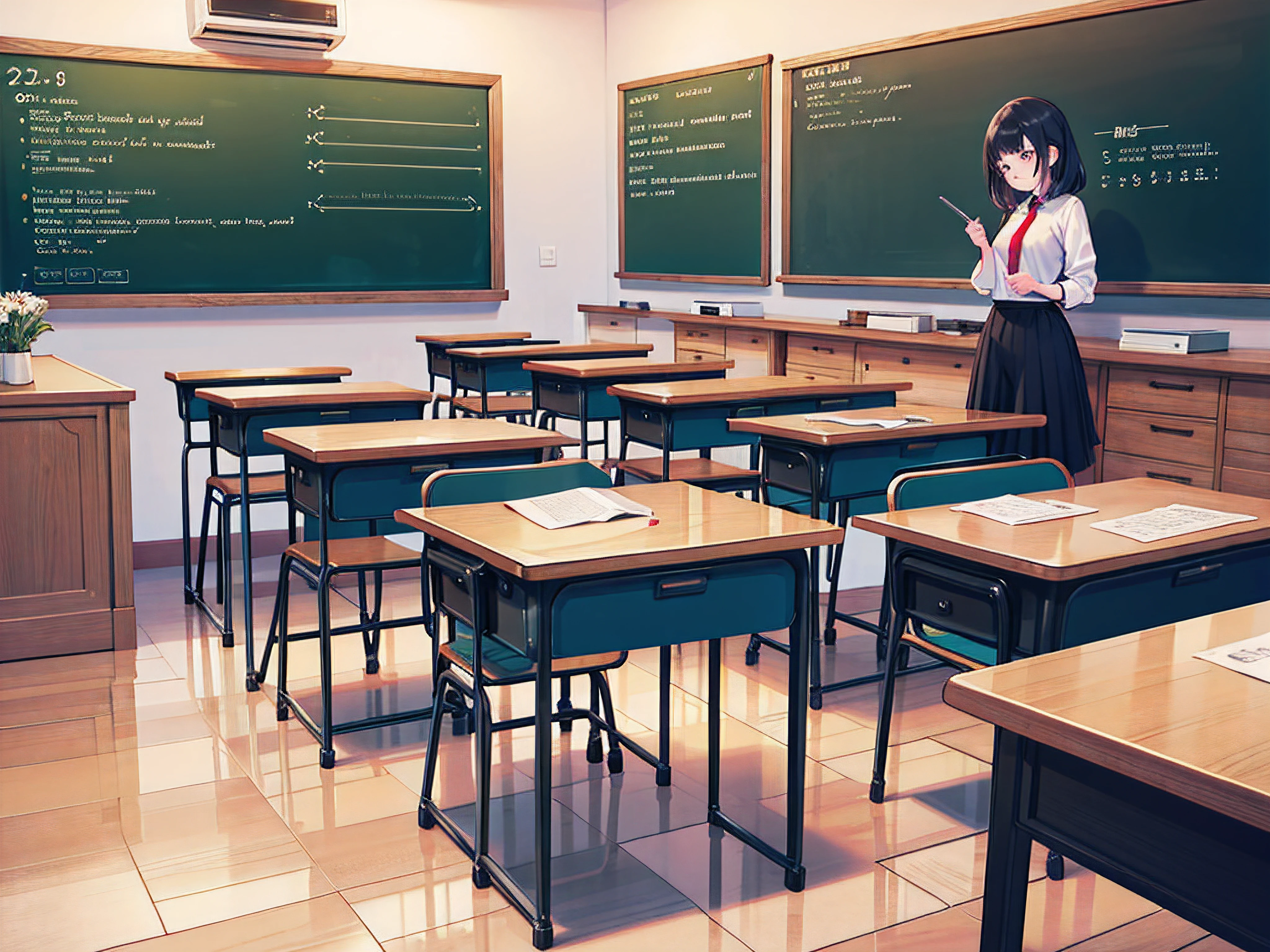 (best quality,4k,8k,highres,masterpiece:1.2), ultra-detailed, (realistic,photorealistic,photo-realistic:1.37), teacher giving a lesson in a vibrant classroom, attentive students, engaging teaching methods, chalkboard filled with handwritten notes, interactive learning environment, natural lighting, warm color tones, educational atmosphere, visible excitement and curiosity in the students' faces, collaborative group work, a mix of desks and tables, educational materials neatly organized, warm and inviting classroom setting, positive and encouraging teacher-student interaction, diverse group of students, inspirational quotes displayed on the walls, expressive body language of the teacher, educational technology integrated into the lessons, thought-provoking discussions, dynamic and engaging teaching style, focus on individual student progress, authentic assessment methods, inspiring and creative educational journey.