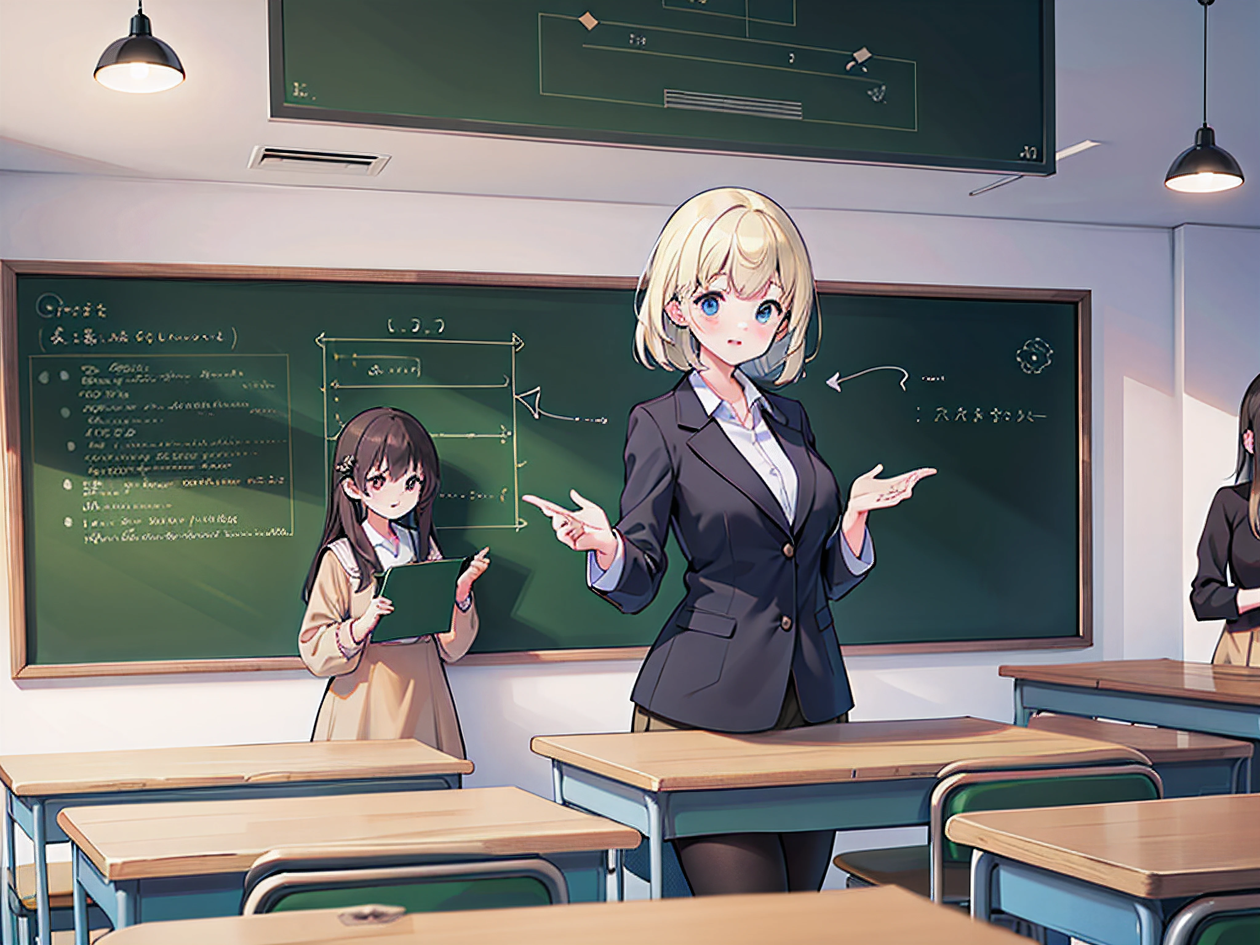 (best quality,4k,8k,highres,masterpiece:1.2), ultra-detailed, (realistic,photorealistic,photo-realistic:1.37), teacher giving a lesson in a vibrant classroom, attentive students, engaging teaching methods, chalkboard filled with handwritten notes, interactive learning environment, natural lighting, warm color tones, educational atmosphere, visible excitement and curiosity in the students' faces, collaborative group work, a mix of desks and tables, educational materials neatly organized, warm and inviting classroom setting, positive and encouraging teacher-student interaction, diverse group of students, inspirational quotes displayed on the walls, expressive body language of the teacher, educational technology integrated into the lessons, thought-provoking discussions, dynamic and engaging teaching style, focus on individual student progress, authentic assessment methods, inspiring and creative educational journey.