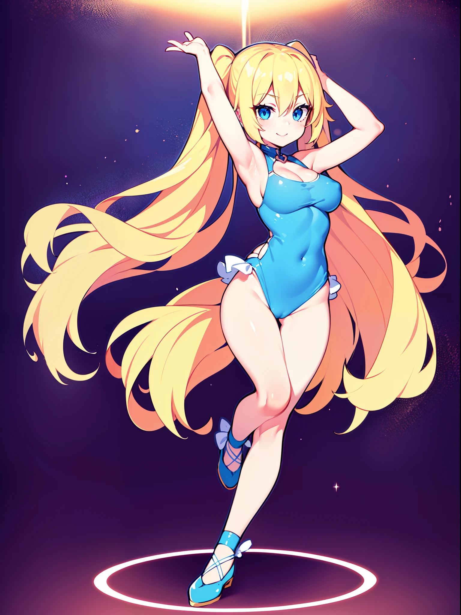 Anime girl with long blonde hair and sky blue top, blonde anime girl with long hair, Lush Twintails, Long Hair Anime Girl, anime moe artstyle, oc commission, twintails, small curvy loli (Large elastic natural breasts), (anime girl), ecchi anime style (21+), digital art on pixiv, high quality anime artstyle, very extremely beautiful, Energetic, cheerful, Slender, showy, Sexy, big blue eyes, long eyelashes, An open look, Cute long-legged blonde 17 years old; Wide joyful smile; Large elastic natural breasts; The Hidden Exhibitionist, Always without underwear; An open look, A big smile, laughter, Happy, ecstasy; very depraved Ballet swimsuit, Dance, ballet steps, Mesmerizing movements, Pirouettes, sag; full-length photo, Anatomically realistic, As much detail as possible, high quality textures