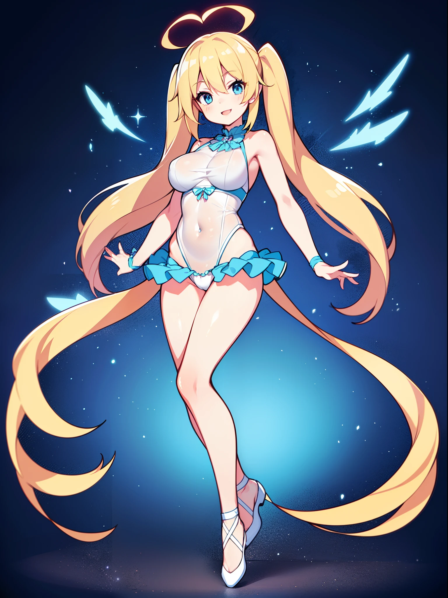 Anime girl with long blonde hair and sky blue top, blonde anime girl with long hair, Lush Twintails, Long Hair Anime Girl, anime moe artstyle, oc commission, twintails, small curvy  (Large elastic natural breasts), (anime girl), ecchi anime style (21+), digital art on pixiv, high quality anime artstyle, very extremely beautiful, Energetic, cheerful, Slender, showy, Sexy, big blue eyes, long eyelashes, An open look, Cute long-legged blonde 17 yde joyful smile; Large elastic natural breasts; The Hidden Exhibitionist, Always without underwear; An open look, A big smile, laughter, Happy, ecstasy; very depraved Ballet swimsuit, Dance, ballet steps, Mesmerizing movements, Pirouettes, sag; full-length photo, Anatomically realistic, As much detail as possible, high quality textures
