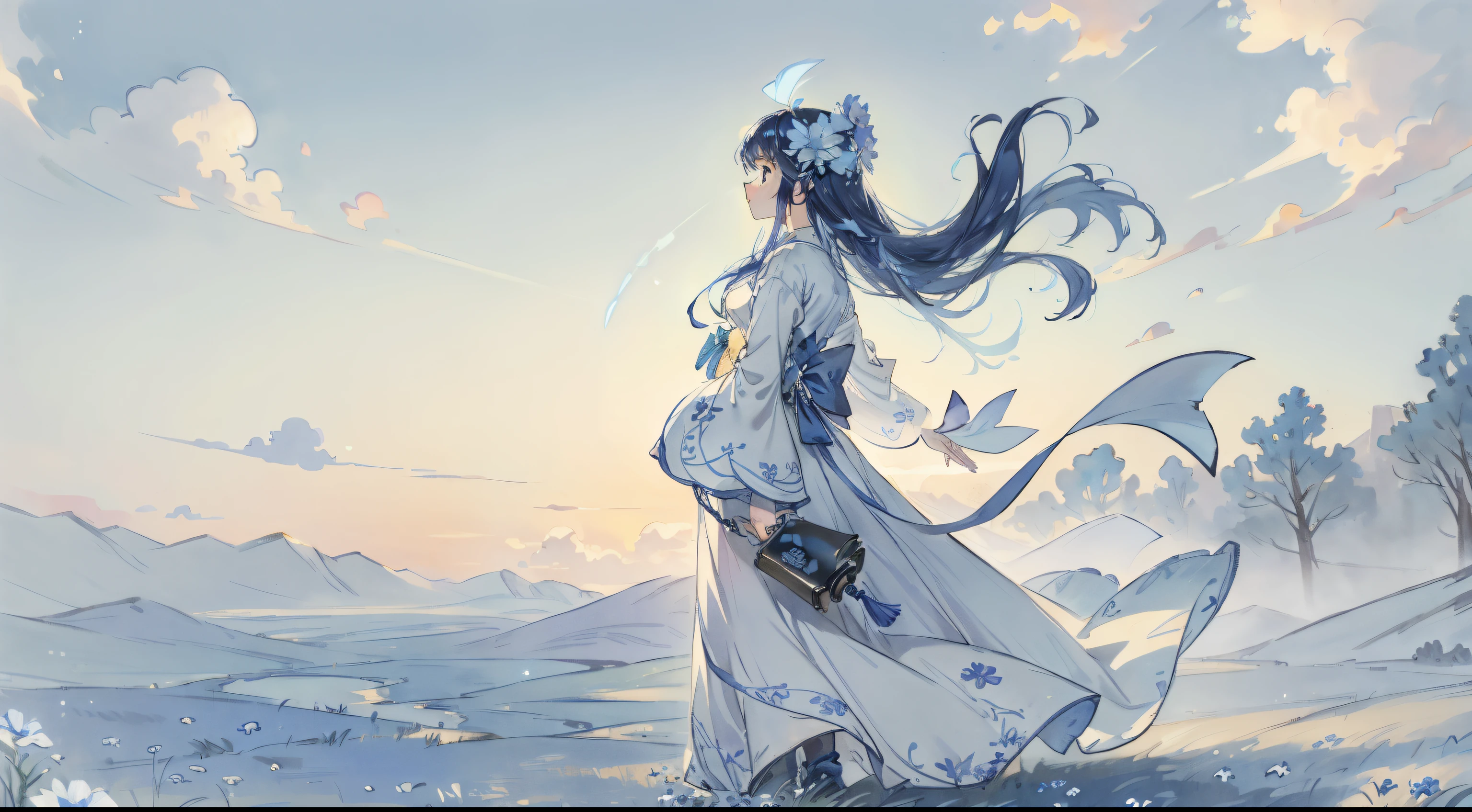 (absurderes, A high resolution, Ultra detailed, hyper HD, Cinematic), Solo, 1girll, mature, cheerfulness, Girl standing in a light blue flower field, Girl around light blue petals, full bodyesbian, Blue long-haired girl, Light blue hair, fantasy, Dreamy, Snowy, offcial art, Pop art, profile, hyperdetailed face, hyper detail eyes, Light blue flower field, Hyper-detailed fields, White blue sky, Cold, Light blue, White, Nebula in the sky, blue tree, aquarelle, Pastel color