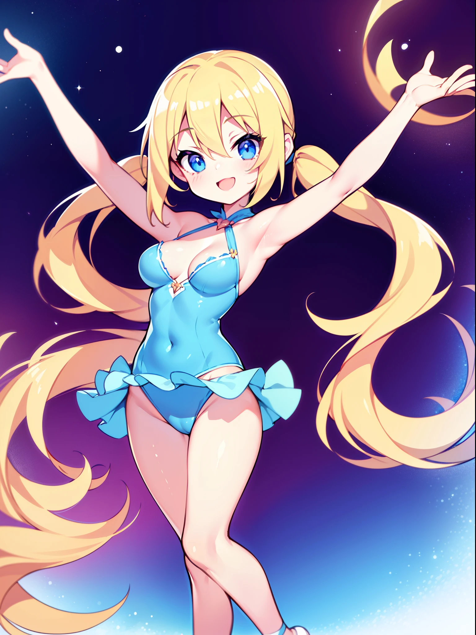 Anime girl with long blonde hair and sky blue top, blonde anime girl with long hair, Lush Twintails, Long Hair Anime Girl, anime moe artstyle, oc commission, twintails, small curvy loli (Large elastic natural breasts), (anime girl), ecchi anime style (21+), digital art on pixiv, high quality anime artstyle, very extremely beautiful, Energetic, cheerful, Slender, showy, Sexy, big blue eyes, long eyelashes, An open look, Cute long-legged blonde 17 years old; Wide joyful smile; Large elastic natural breasts; The Hidden Exhibitionist, Always without underwear; An open look, A big smile, laughter, Happy, ecstasy; very depraved Ballet swimsuit, Dance, ballet steps, Mesmerizing movements, Pirouettes, sag; full-length photo, Anatomically realistic, As much detail as possible, high quality textures