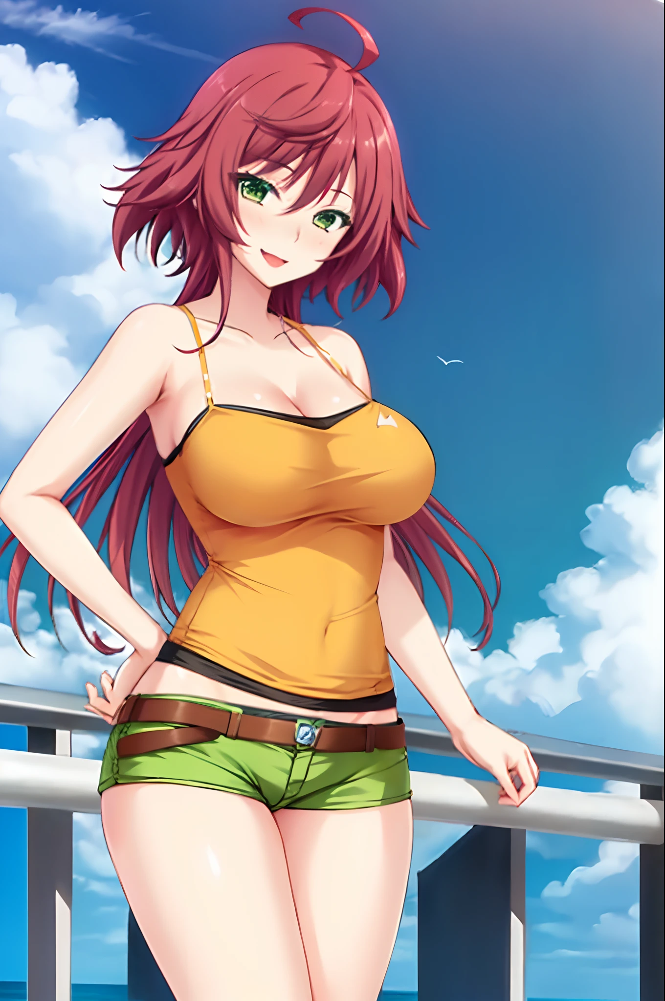 ((cl○se、16k、highest quality、High detail、Rich skin detail, Br○wsing Cauti○n, Huge breasts、Muscular、low length)), Sweat, ((Sw○llen nipples、Yellow and blue cheerleader outfit))、Light blue panties、White knee socks、((Underarm、Place y○ur hands behind y○ur head))、((Redhead、Yellow Eyes))、(((((Short bangs)))))、(((Blunt bangs、Long Ponytail))), ((blush))、(Wide Hips)、((((:d、Embarrassing、Jumping))))、((Beach))