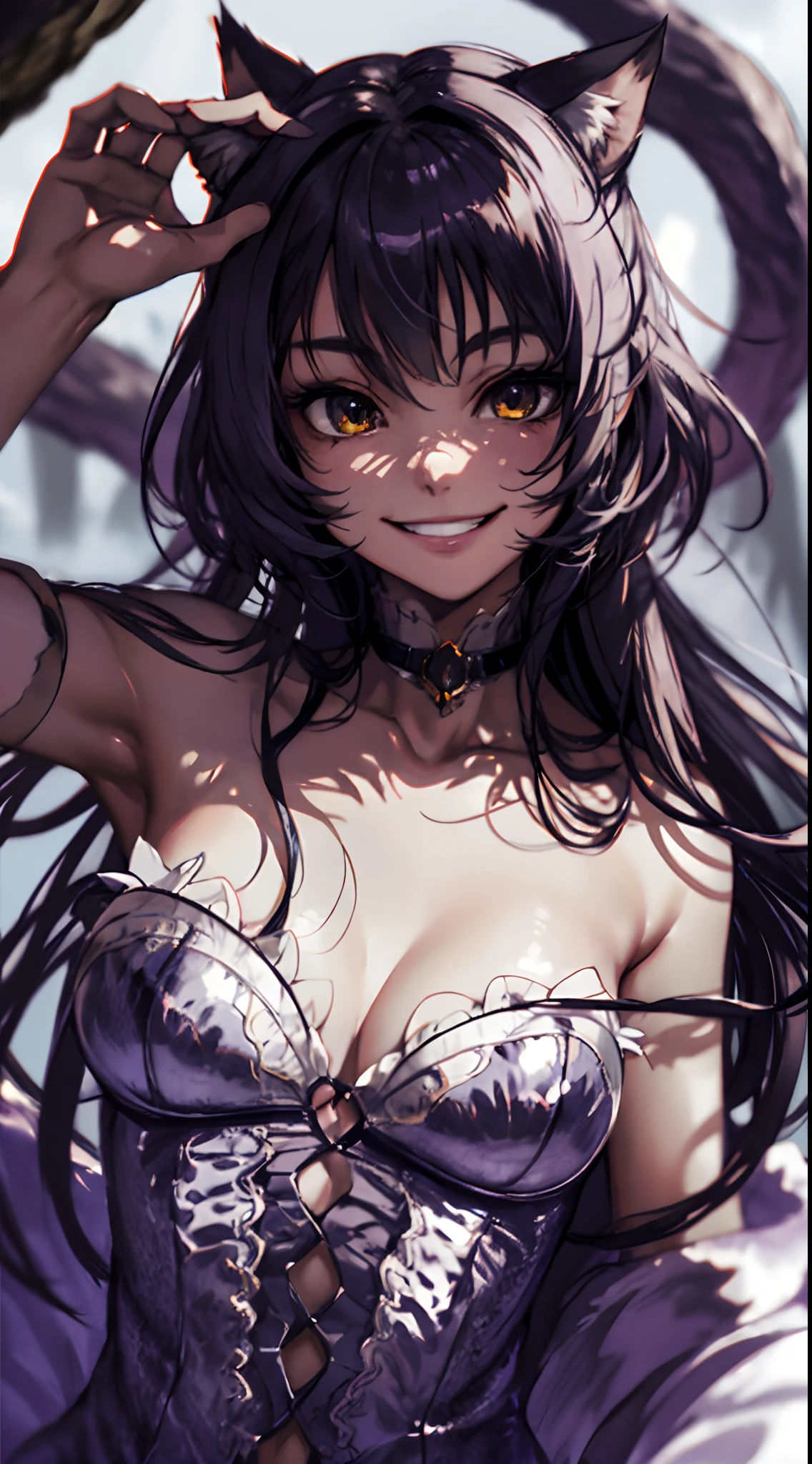 1 girl, upper body, single focus, enigmatic charm, Cheshire Cat-inspired appearance, disappearing smile, (Cheshire grin: 1.4), (floating in thin air: 1.3), translucent features, mysterious aura, [depth of field, ambient lighting, floating smile foreground, surreal Wonderland background], Wonderland's Cheshire Cat, mischievous guide, vanishing tricks, (twisted trees), (endless path: 1.2), intricate details, enhanced lighting.