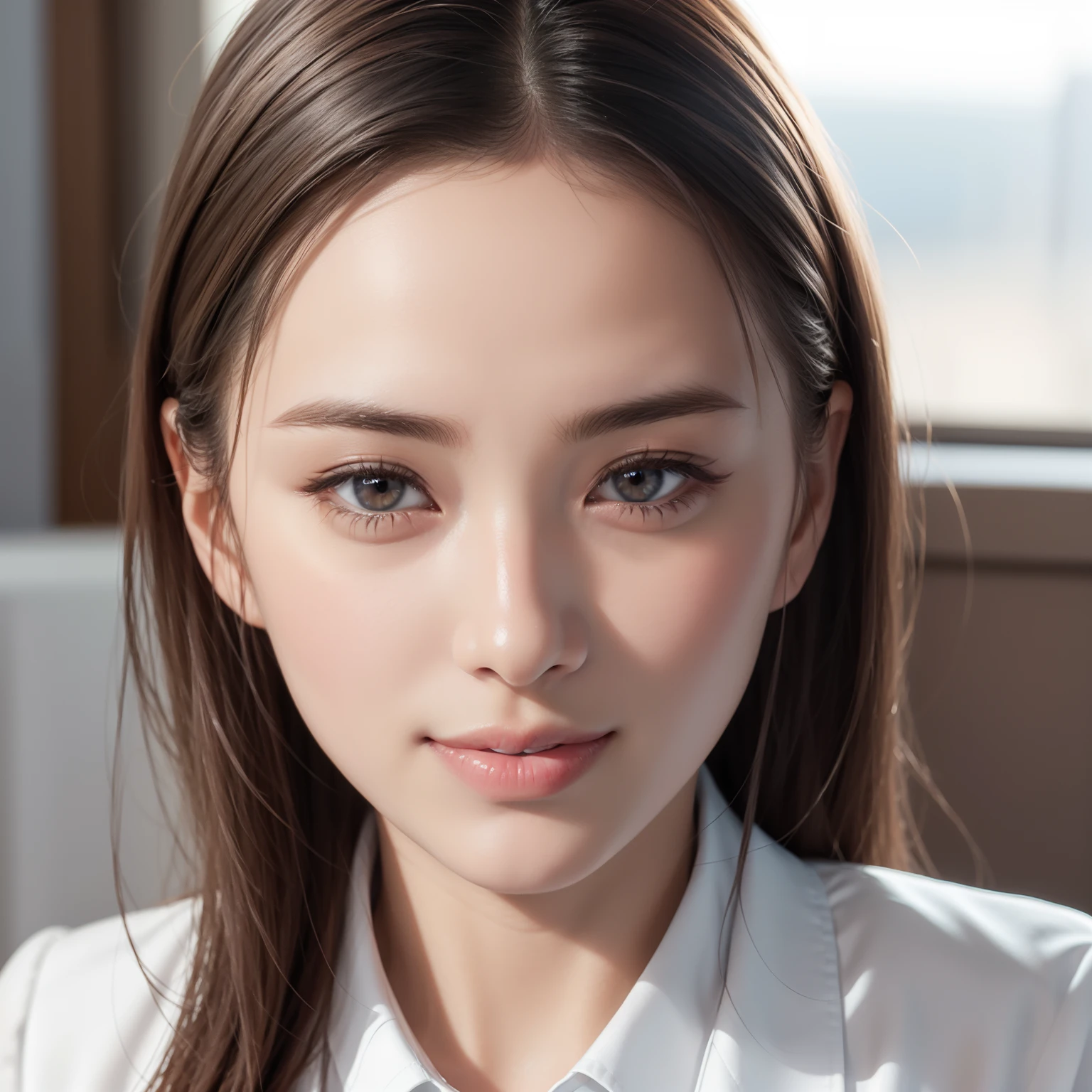 face close up, wearing a tailored jacket over a white blouse, office lady, Best Quality:1.5, 8K, masutepiece:1.3, Crisp focus:1.2, Big breasts:1.2, Beautiful woman with perfect figure:1.4, Slender Abs:1.2, Sweaty body:1.5, Highly detailed face and skin texture, Detailed eyes, Double eyelids, Silver medium, hair, Perfect face balance, Cute, Smile, beautiful studio soft light, Rim Light, vibrant detail, Hyper realistic, Octane Render, Photo realistic, in a office room, sunny day, sunset from the windows