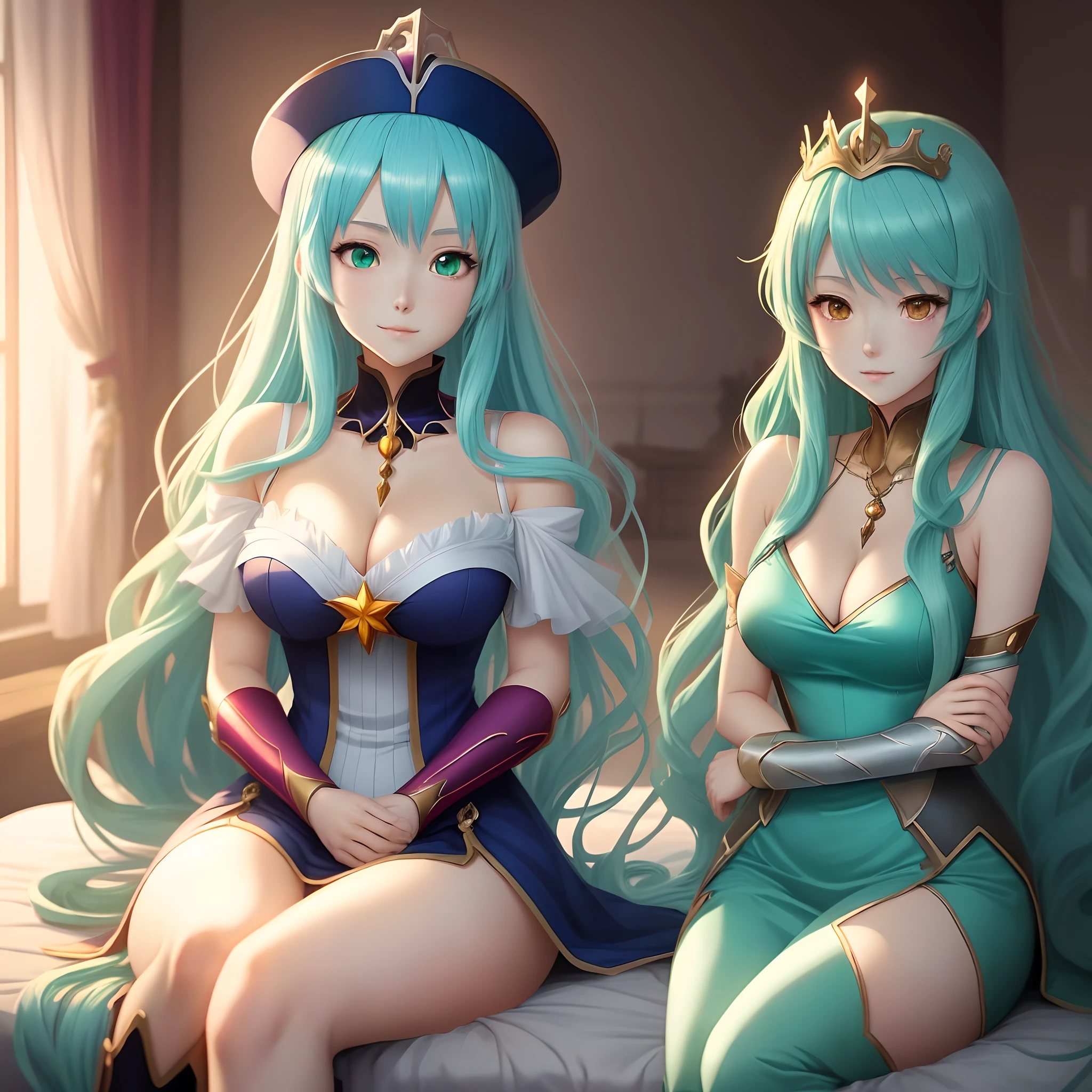 One with long green hair，Woman sitting on bed in a hat, long glowing ethereal hair, green flowing hair, Anime girl with long hair, beautiful and seductive anime woman, Beautiful anime woman, ((a beautiful fantasy empress)), Beautiful anime style, long turquoise hair, Beautiful anime girl, Anime goddess, anime girl with cosmic hair, Anime girl with teal hair