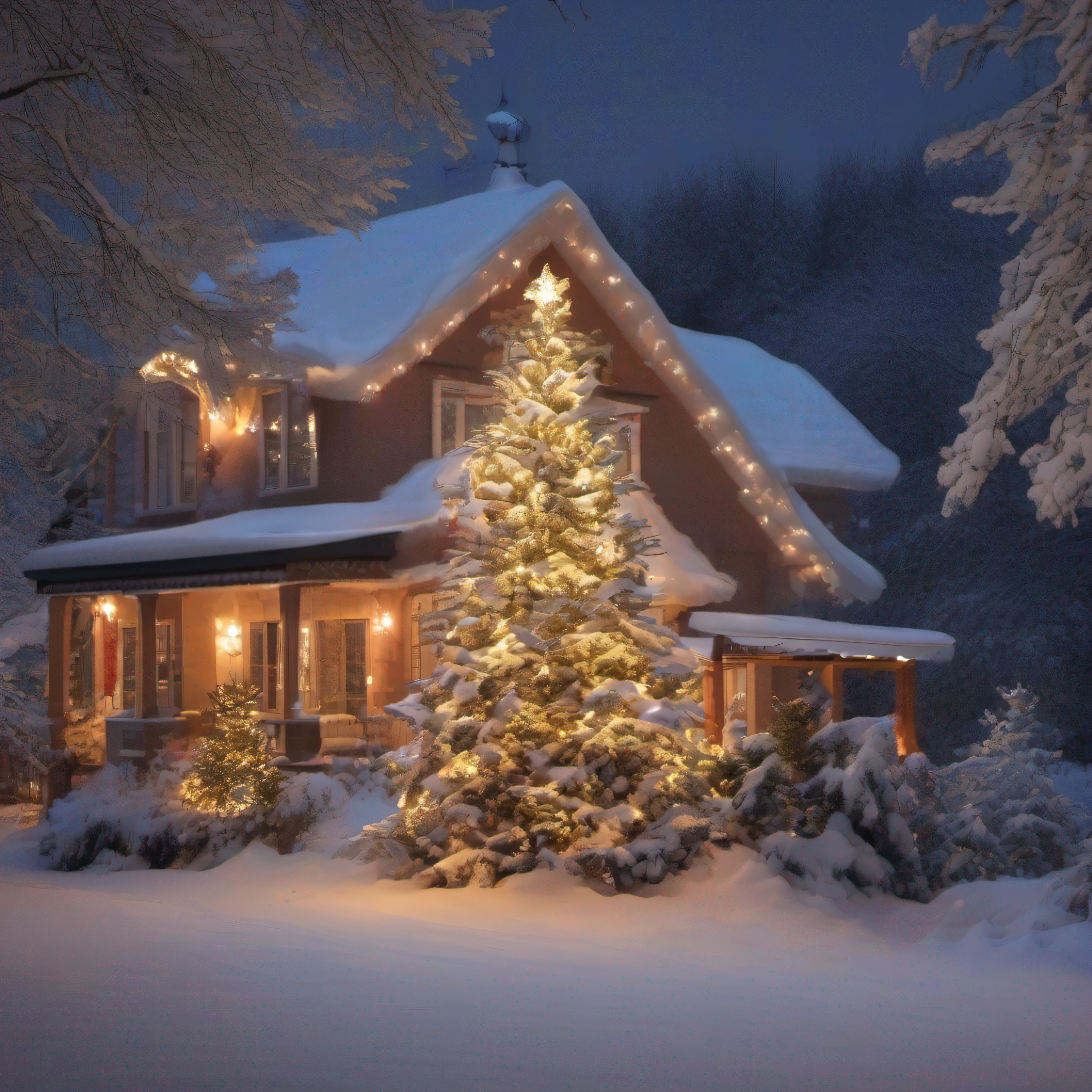 snowy scene of a christmas tree with lights in the window, snowy winter christmas night, christmas night, winter setting, covered with snow, snowy winter scene, winter night, snowy night, snowy winter, snow glow, snow, beautiful lit, winter in the snow, (snow), winter wonderland, wide screenshot, beautiful!, snowfall at night, wintery scene, winter atmosphere