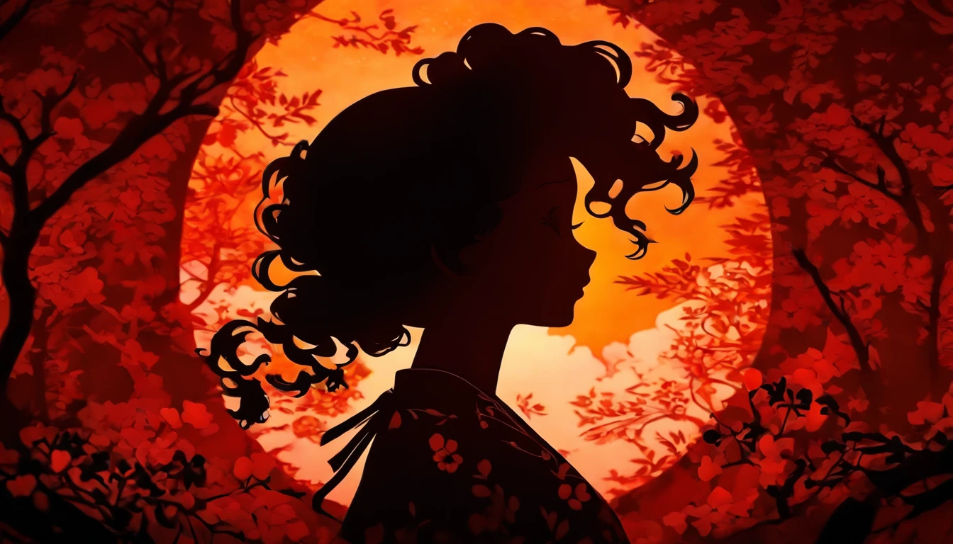 (Silhouette Art,cutouts:1.6)
(((Paper cutting art,A world where only black exists:1.3)

(Cowboy Shot),1 girl,Solo,
(Kimono Girl,profile:1.2),white, Clear and beautiful face,Sunrise behind

break
(roses、Viola　reddish:6.1)
Textured glass background,