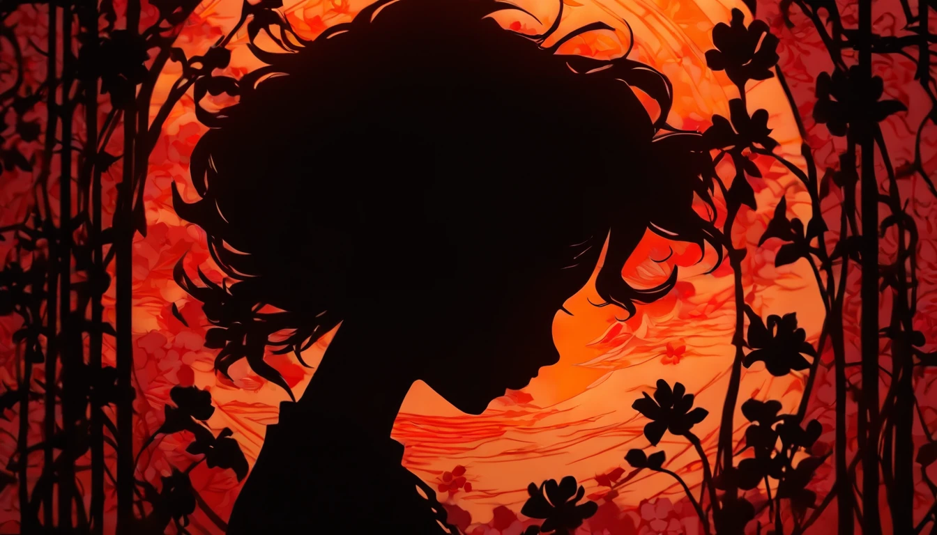 (Silhouette Art,cutouts:1.6)
(((Paper cutting art,A world where only black exists:1.3)
(Cowboy Shot),1 girl,Solo,
(Kimono Girl,profile:1.2),white, Clear and beautiful face,Sunrise behind
break
(roses、Viola reddish:6.1)
Textured glass background,