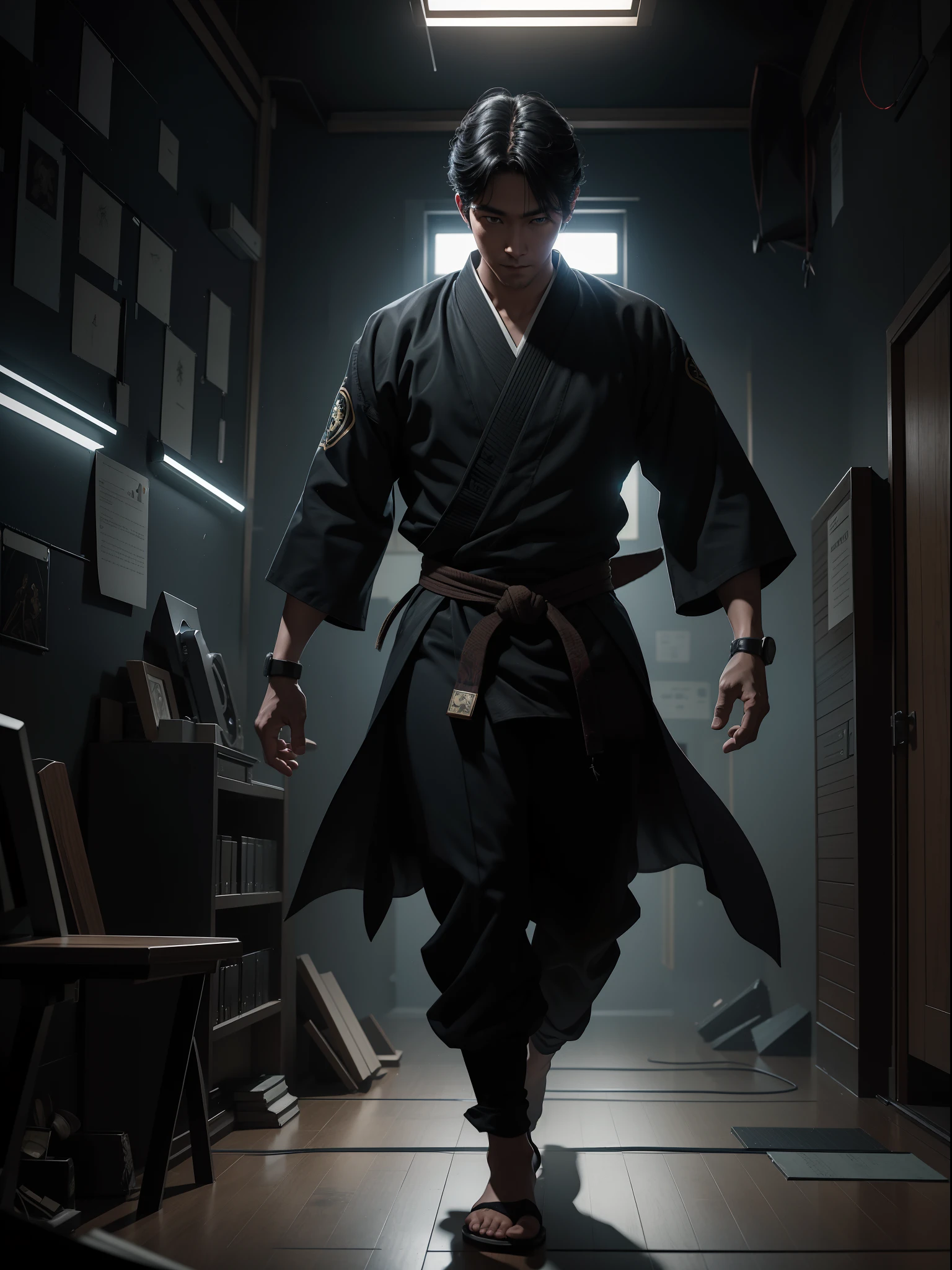 A 30 years young jujutsu tech school teacher, students visit the school with teacher, full body portrait, dark magical background, ancient pictures on the walls, creativity, cinematic art, movie light effects, 8K UHD, Nvidia RTX 4090 rendering, ray tracing, DLSS 3 effects, detailed portrait.