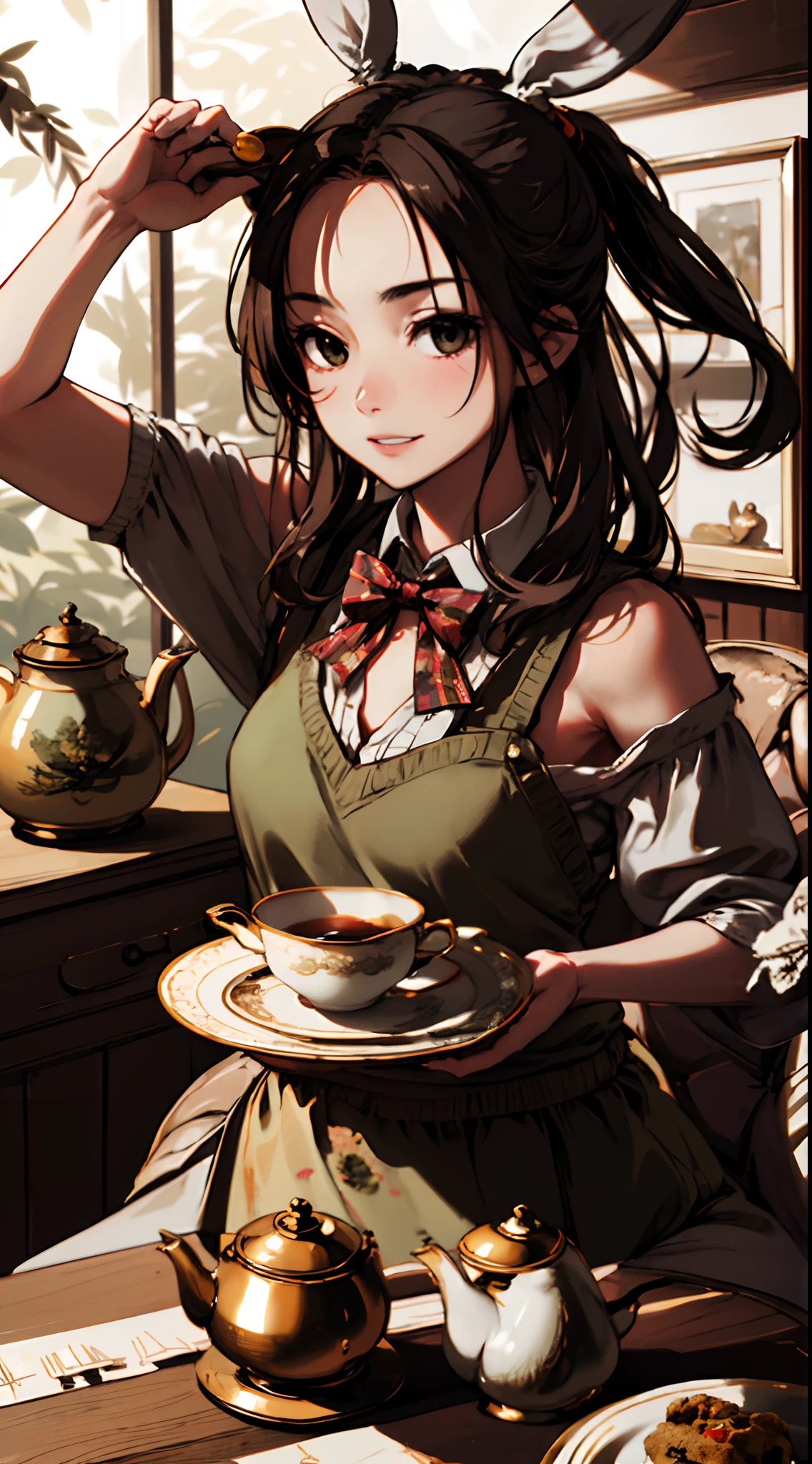 1 girl, upper body, single focus, quirky allure, March Hare-inspired attire, perpetually late expression, (mad tea party: 1.4), (endless teapot: 1.3), disheveled hair, whimsical aura, [depth of field, ambient lighting, tea party foreground, endless teapot background], Wonderland's March Hare, never-ending tea time, overflowing teapot, (overgrown table), (giant teacup: 1.2), intricate details, enhanced lighting.