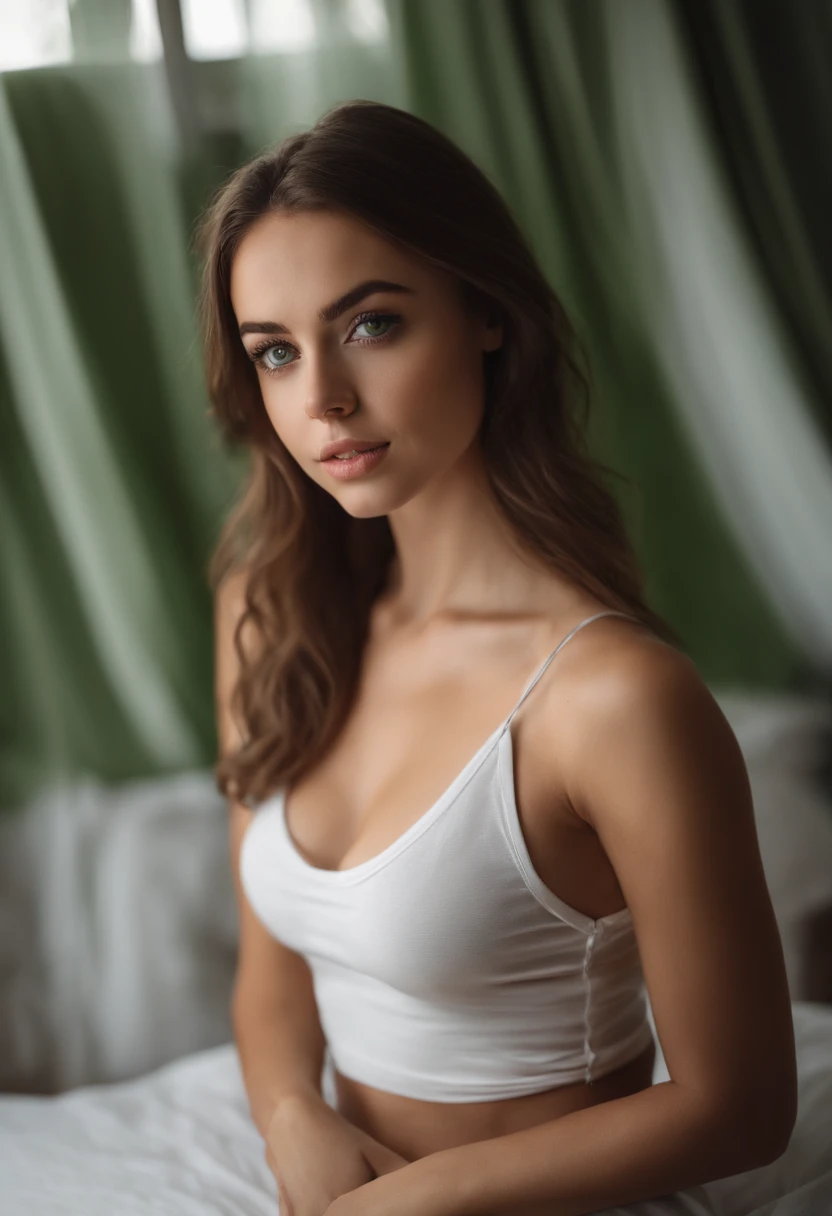 arafed woman with a white tank top and a necklace, sexy girl with green eyes, portrait sophie mudd, brown hair and large eyes, selfie of a young woman, bedroom eyes, violet myers, without makeup, natural makeup, looking directly at the camera, face with artgram, subtle makeup, stunning full body shot, piercing green eyes