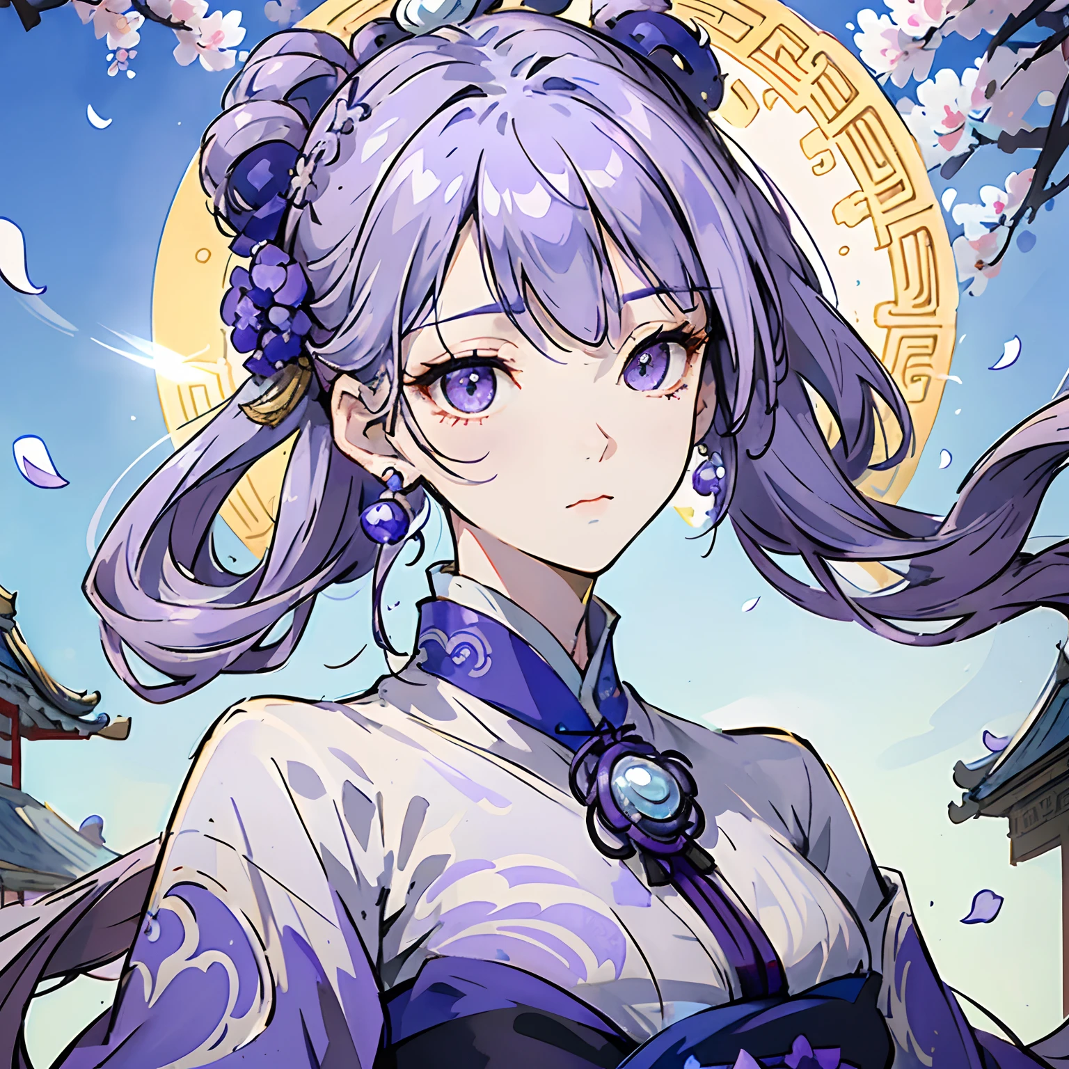 Mature girl, purple eyes, blue-white hair color, floating hair, delicate and flexible eyes, intricate damask hanfu, gorgeous accessories, wearing pearl earrings, fov, f/1.8, masterpiece, ancient Chinese architecture, blue sky, flower petals flying, front portrait shot, Chang'e, side lighting, sunlight on people, 8K