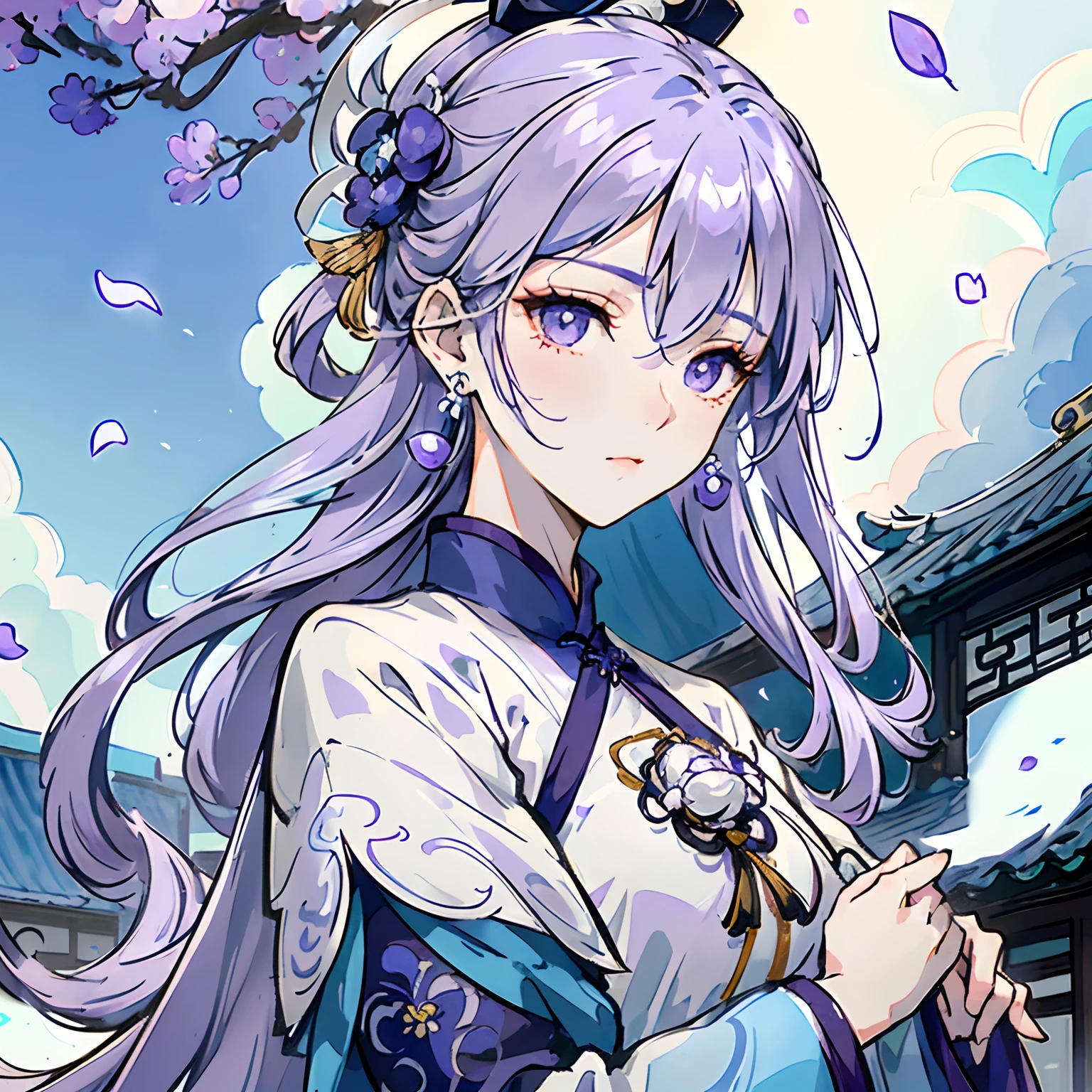 Mature girl, purple eyes, blue-white hair color, floating hair, delicate and flexible eyes, intricate damask hanfu, gorgeous accessories, wearing pearl earrings, fov, f/1.8, masterpiece, ancient Chinese architecture, blue sky, flower petals flying, front portrait shot, Chang'e, side lighting, sunlight on people, 8K