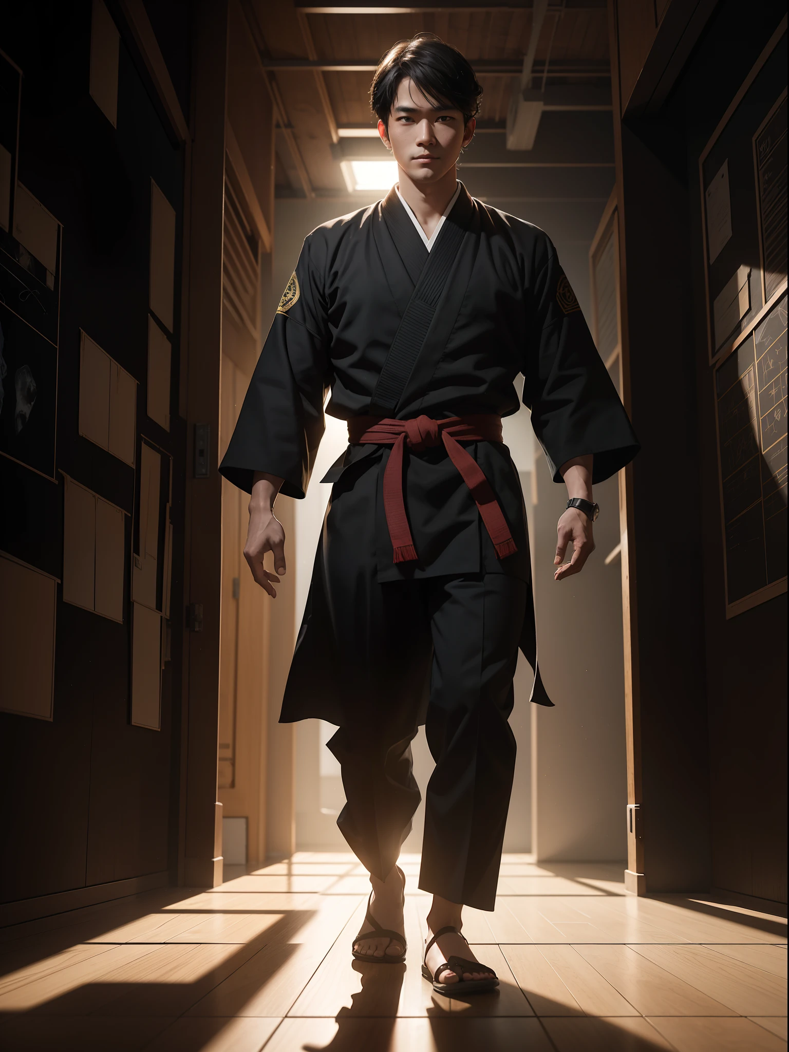 A 30 years young jujutsu tech school teacher, students visit the school with teacher, full body portrait, dark magical background, ancient pictures on the walls, creativity, cinematic art, movie light effects, 8K UHD, Nvidia RTX 4090 rendering, ray tracing, DLSS 3 effects, detailed portrait.