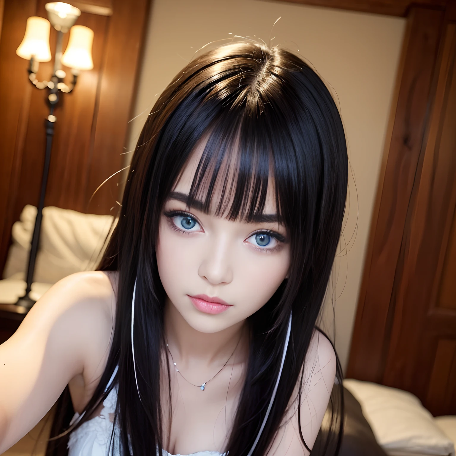 masterpiece, best quality, beautiful young woman, shiny blue eyes, (detailed pupils:1.2), eyelash, beautiful light black hair, streaked hair, multi color, medium hair, perfect face, detailed,