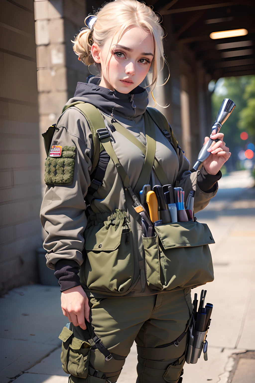 ((Need)), ((tmasterpiece)), (A detailed), Ergonomic tool strap,Cross-body,Strap,obi strip,Very many pockets,Full of tools,greys,camo(Product rendering)(Industrial products), (A high resolution:1.2)