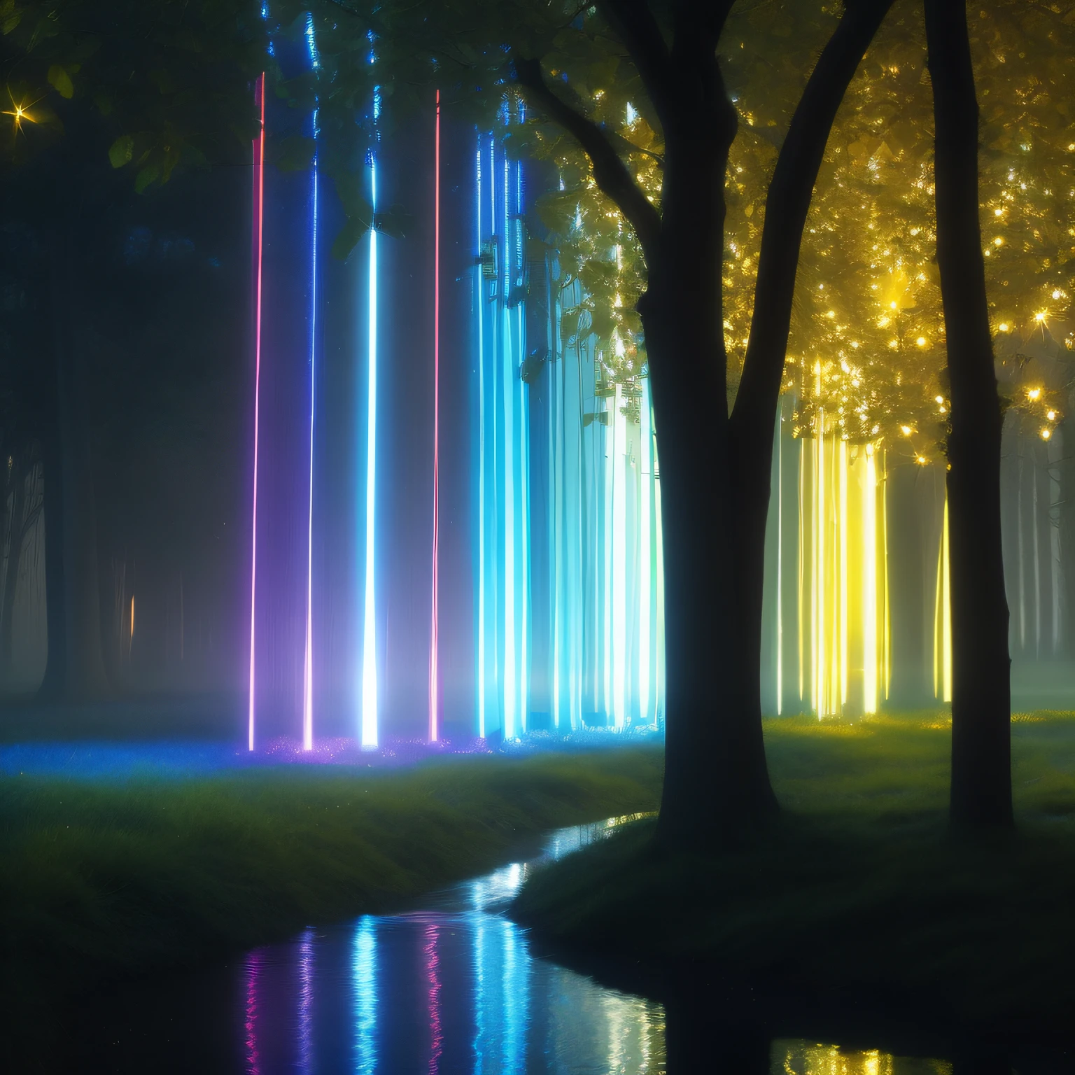 Envision a digital realm where technology harmoniously melds with nature: cybernetic trees with silvery metallic trunks, branches intertwined with LED veins glowing under real, rustling leaves. Witness a cascade of codes, a digital waterfall, where bits and bytes stream down transparent liquid-crystal screens, illuminating the night with their neon brilliance. In this realm, AI-powered animals roam, indistinguishable from their real counterparts but with movements and sounds orchestrated through intricate coding. Amidst this backdrop, a meadow of solar-powered flowers comes alive; they bask in daylight, storing energy, and come nightfall, they shimmer, each petal radiating a unique luminescence. The very winds in this realm sing; as they blow, sensors detect their speed and direction, and in response, they play melodies, each gust a new song. Here, in this fusion of technology and nature, we are reminded of the delicate balance between the ceaseless march of innovation and the timeless beauty of the world around us.
