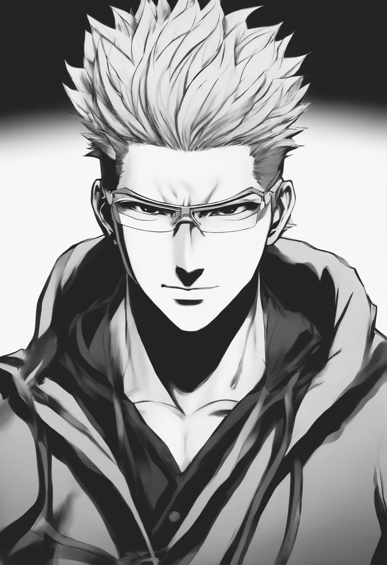 um desenho de um homem com um cabelo branco e uma camisa preta e branca, sombreamento de anime), goggles around his neck, Jujutsu Kaisen, sombreamento de anime, seinen manga portrait, inspirado em Kamisaka Sekka, kentaro miura manga style, inspirado em Iwao Takamoto, kentaro miura manga art style, kakashi hatake