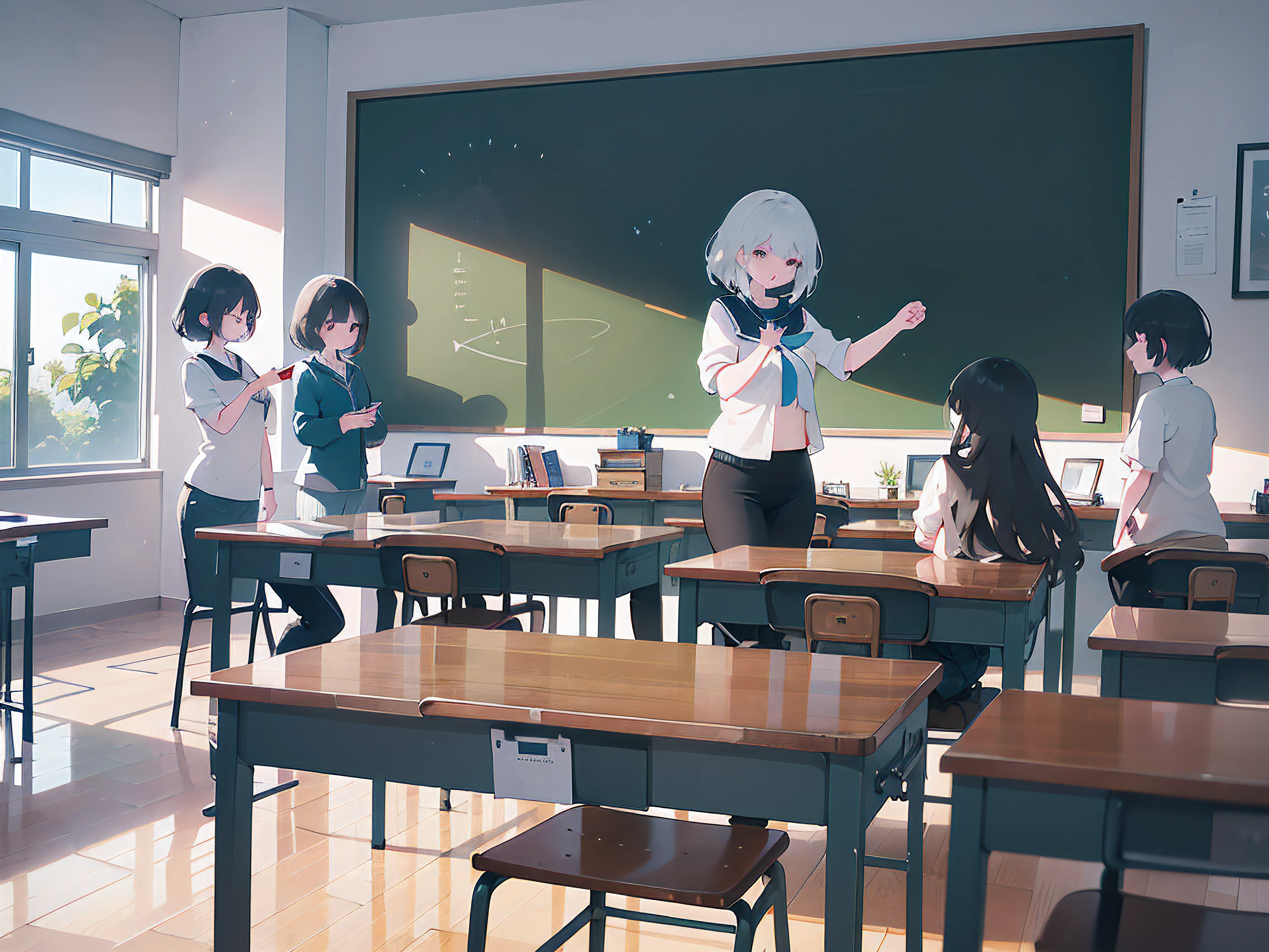 (best quality,4k,8k,highres,masterpiece:1.2), ultra-detailed, (realistic,photorealistic,photo-realistic:1.37), teacher giving a lesson in a vibrant classroom, attentive students, engaging teaching methods, chalkboard filled with handwritten notes, interactive learning environment, natural lighting, warm color tones, educational atmosphere, visible excitement and curiosity in the students' faces, collaborative group work, a mix of desks and tables, educational materials neatly organized, warm and inviting classroom setting, positive and encouraging teacher-student interaction, diverse group of students, inspirational quotes displayed on the walls, expressive body language of the teacher, educational technology integrated into the lessons, thought-provoking discussions, dynamic and engaging teaching style, focus on individual student progress, authentic assessment methods, inspiring and creative educational journey.