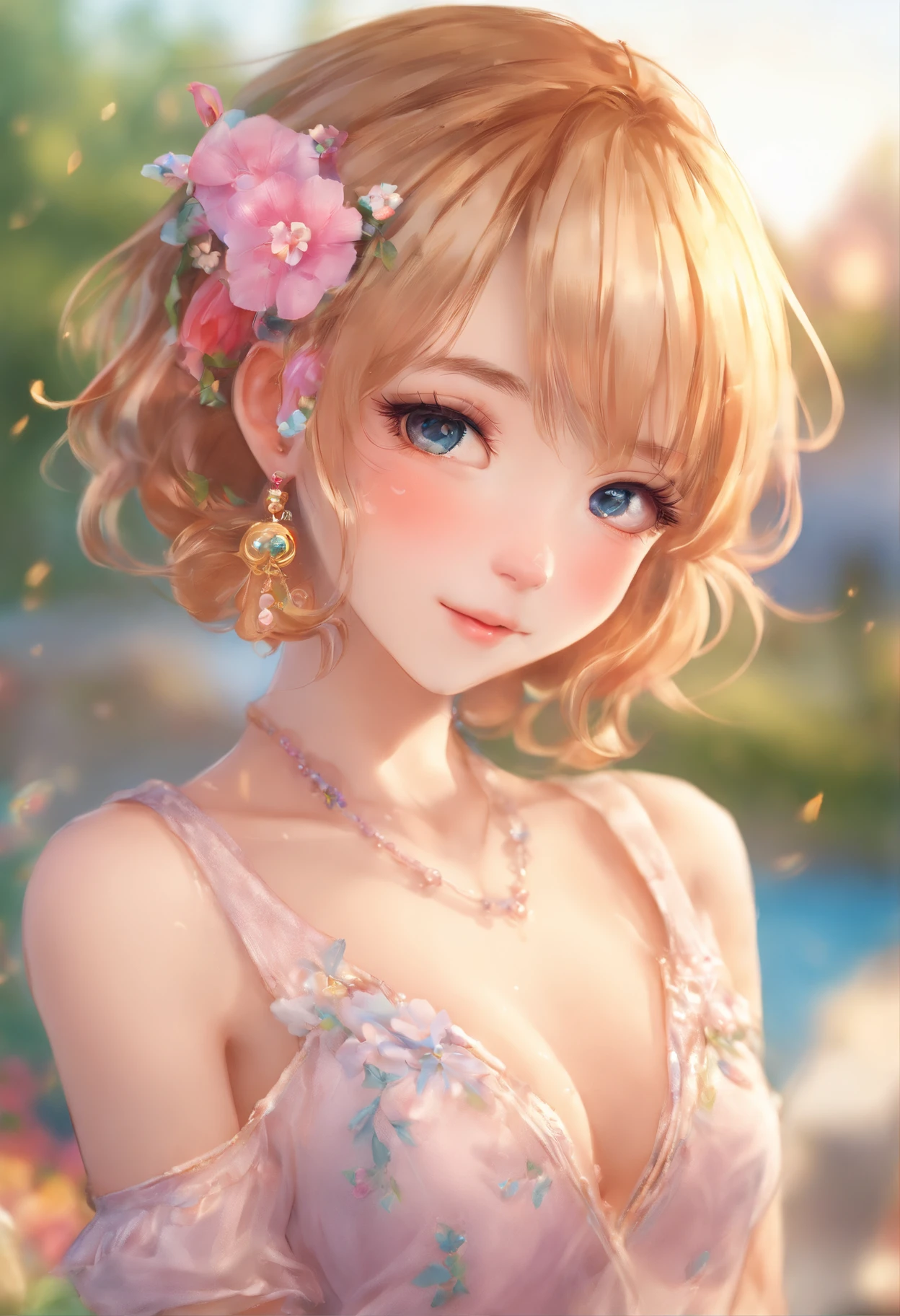 (realistic photo:1.5), (((high resolution photo))), (((extremely detailed))), ((masterpiece)), (beautiful slim woman), (cinematic light:1.1), full body, (cute sexy:0.7), (cute face), Sheer dress, Bare skin is completely see-through, Bare skin is sheer and completely exposed, Pleasure, clothes open, hand held clothes, torn open,, seductive look, weird eyes, (short light honey hair), (rounded face, long eyebrows), depth of field, 35 mm, dinamic, detailed background, sunset, dramatic dawn, dramatic shadows, dark atmosphere, inricate small details, (pale skin), hair ornament