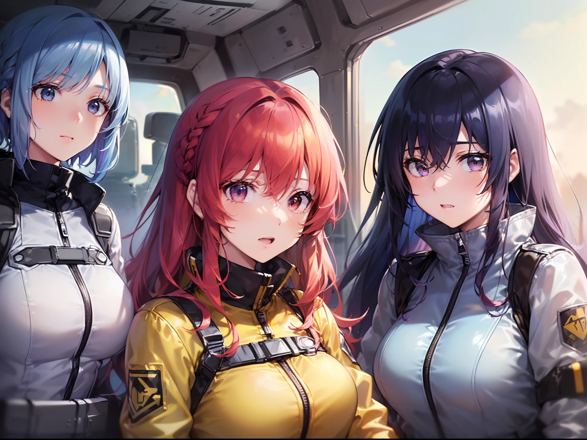 ((Finest quality)),(超A high resolution),(ultra-detailliert),((Best Anime)),sharpnes,clear, ((1 adult female,(Pilot suit in tight yellow tones,black line),(violet hair:1.4,short-cut))), ((1adult woman,(Pilot suit in tight blue tones,White Line),(long bright red hair)))