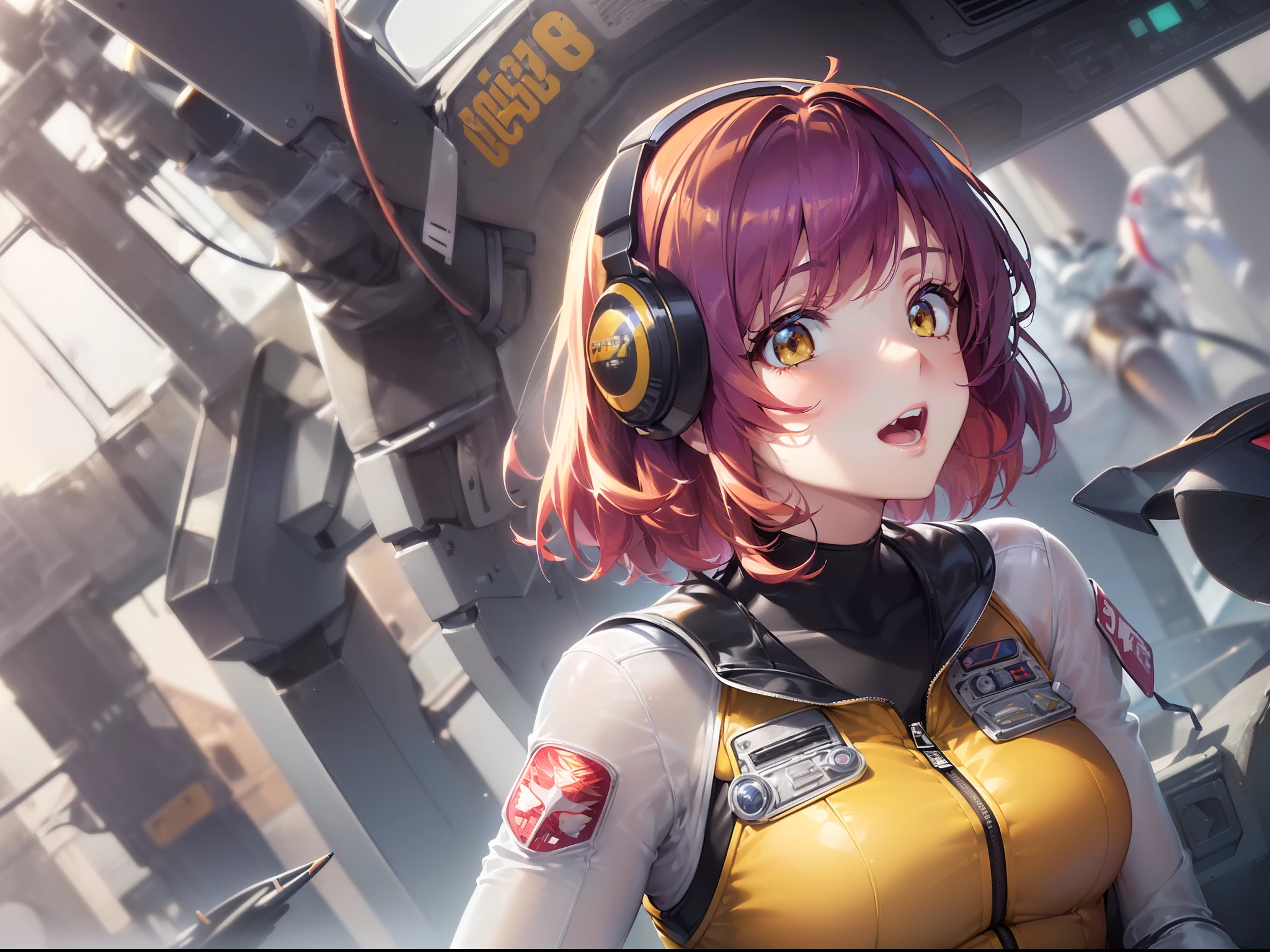 ((Finest quality)),(超A high resolution),(ultra-detailliert),((Best Anime)),sharpnes,clear, ((1 adult female,(Pilot suit in tight yellow tones,black line),(violet hair:1.4,short-cut))), ((１adult  woman,(Pilot suit in tight blue tones,White Line),(long bright red hair)))