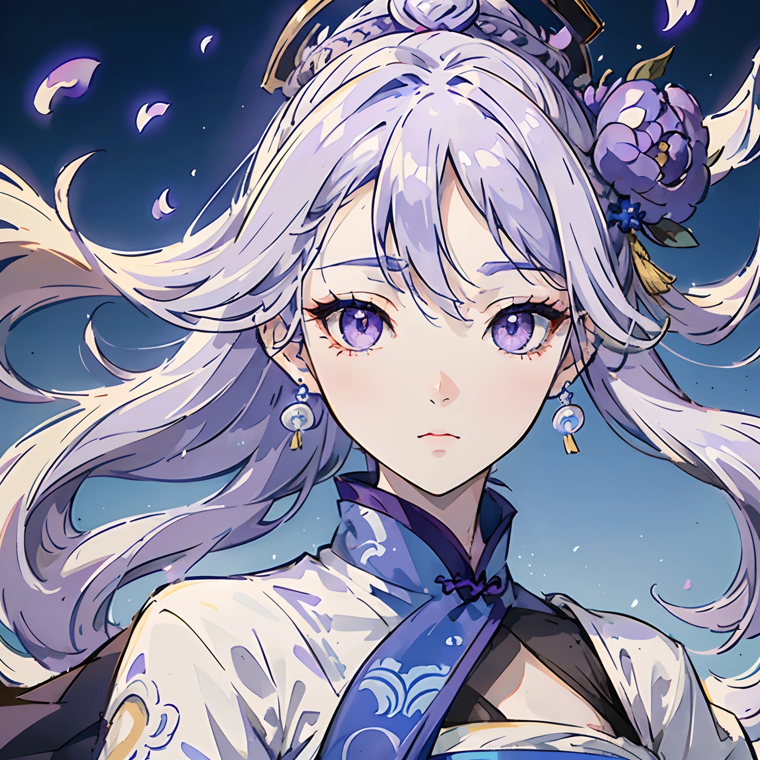 Mature girl, purple eyes, blue-white hair color, floating hair, delicate and flexible eyes, intricate damask hanfu, gorgeous accessories, wearing pearl earrings, fov, f/1.8, masterpiece, ancient Chinese architecture, blue sky, flower petals flying, front portrait shot, Chang'e, side lighting, sunlight on people, 8K