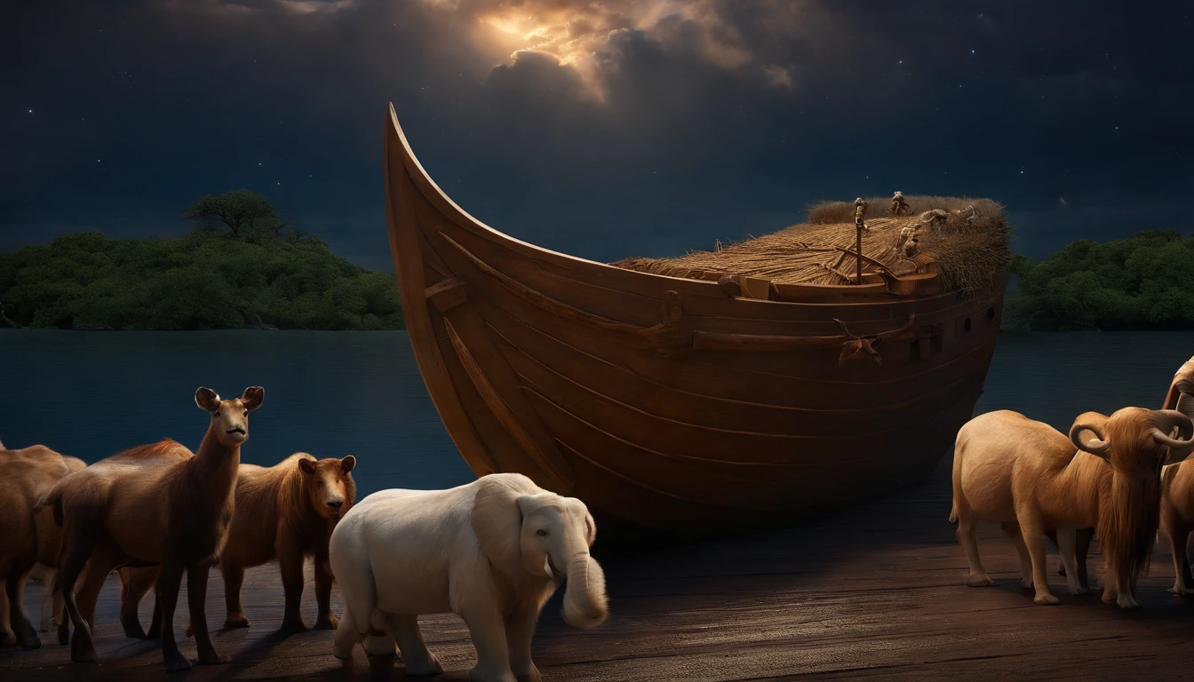 closeup on Noah next to the ark, Dark sky and many animals around the ark, ultrarrealista |