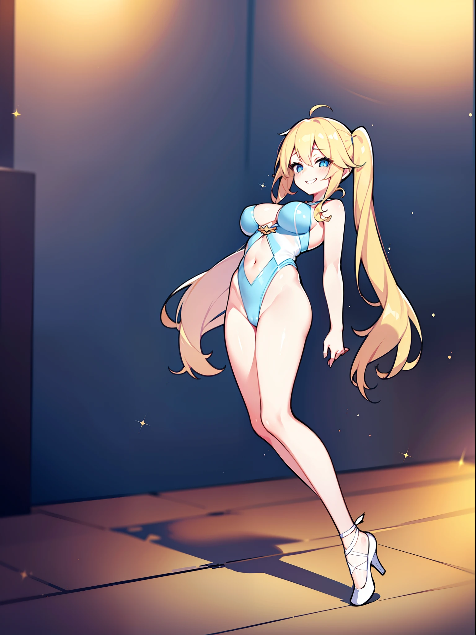 Anime girl with long blonde hair and sky blue top, blonde anime girl with long hair, Lush Twintails, Long Hair Anime Girl, anime moe artstyle, oc commission, twintails, small curvy loli (Large elastic natural breasts), (anime girl), ecchi anime style (21+), digital art on pixiv, high quality anime artstyle, very extremely beautiful, Energetic, cheerful, Slender, showy, Sexy, big blue eyes, long eyelashes, An open look, Cute long-legged blonde ; Wide joyful smile; Large elastic natural breasts; The Hidden Exhibitionist, Always without underwear; An open look, A big smile, laughter, Happy, Sparkle in the eyes, Pre-orgasmic state, blushful; Very depraved translucent ballet swimsuit, Dance, ballet steps, Mesmerizing movements, Pirouettes, Playing to the public; full-length photo, Anatomically realistic, As much detail as possible, high quality textures