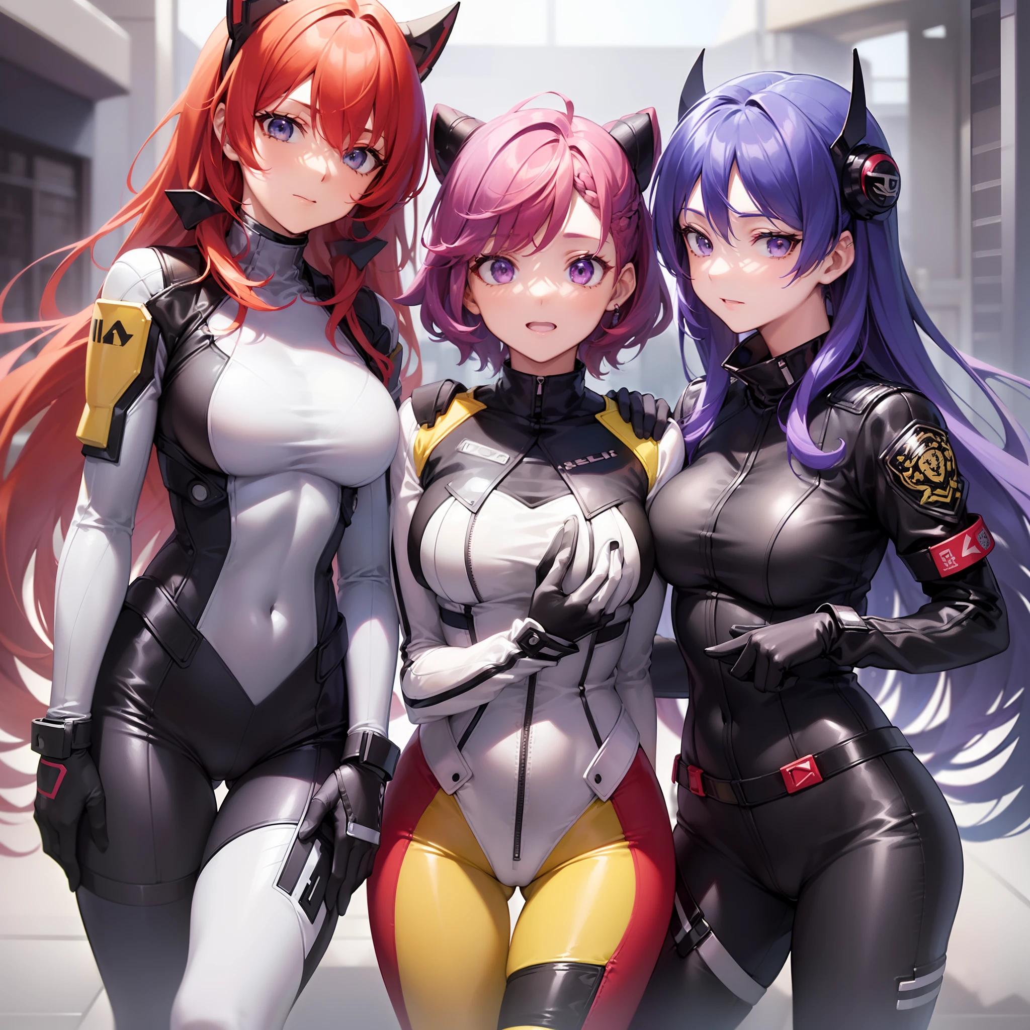 ((Finest quality)),(超A high resolution),(ultra-detailliert),((Best Anime)),sharpnes,clear, (((1 adult female,(Pilot suit in tight yellow tones:1.2,black line:0.8),(violet hair:1.4,short-cut))):1), (((1adult woman,(Pilot suit in tight blue tones:1.2,White Line:0.8),(long bright red hair:1.1))):1)