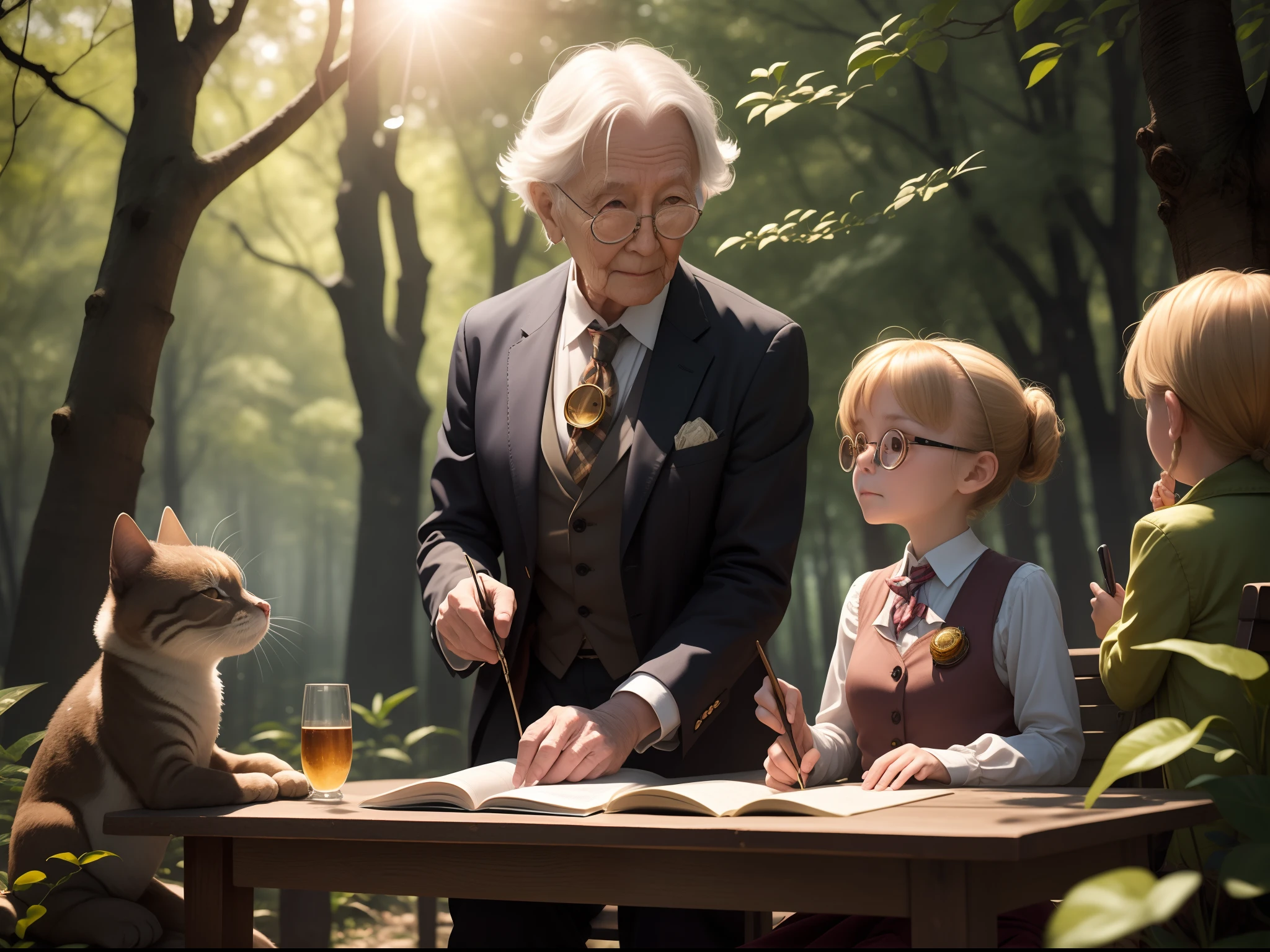 A old woman teaches wears monocle. her students are the little animals of the forest. Gentle sunshine in the forest square, the spring by the side sparkles.