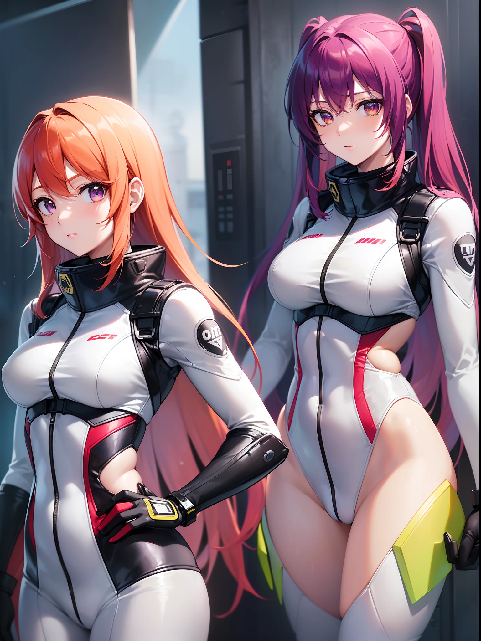 ((Finest quality)),(超A high resolution),(ultra-detailliert),((Best Anime)),sharpnes,clear, ((1 adult female,(Pilot suit in tight yellow tones:1.2,black line:0.8),(violet hair:1.4,short-cut))), ((１adult  woman,(Pilot suit in tight blue tones:1.2,White Line:0.8),(long bright red hair:1.1)))