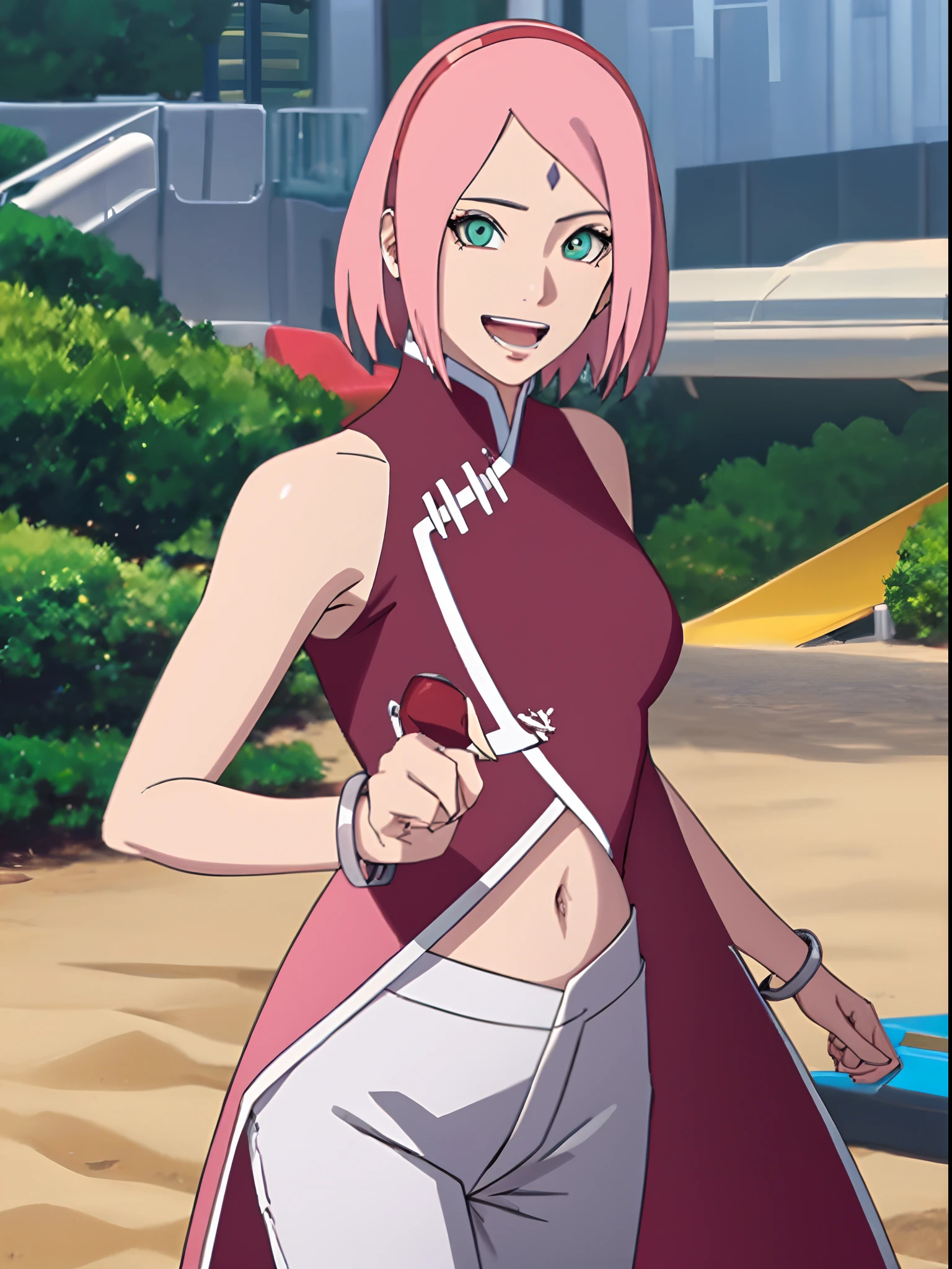 masterpiece, 4k, portrait, cowboy shot, (PLAYGROUND BACKGROUND), professional artwork, intricate details, colorful, digital blending, (ultra detailed body, ultra detail hair, ultra detail face), trending on pixiv, kind smile, best quality, anime style: 1.9, 1girl, hires, haruno sakura, (forehead mark, milf, red hairband, pale skin, (small breasts), short hair, ((red sleeveless dress,), white pants), ((navel, belly button), slender body, slender belly, bracelet, pink hair, open mouth, big eyes), smile, beach, wind, floating hair, detailed arms, off-shoulders, broad shoulders, (((both) hands spreading to both sides)), fancy couch, relaxing, laying, talking, looking at the viewer)))