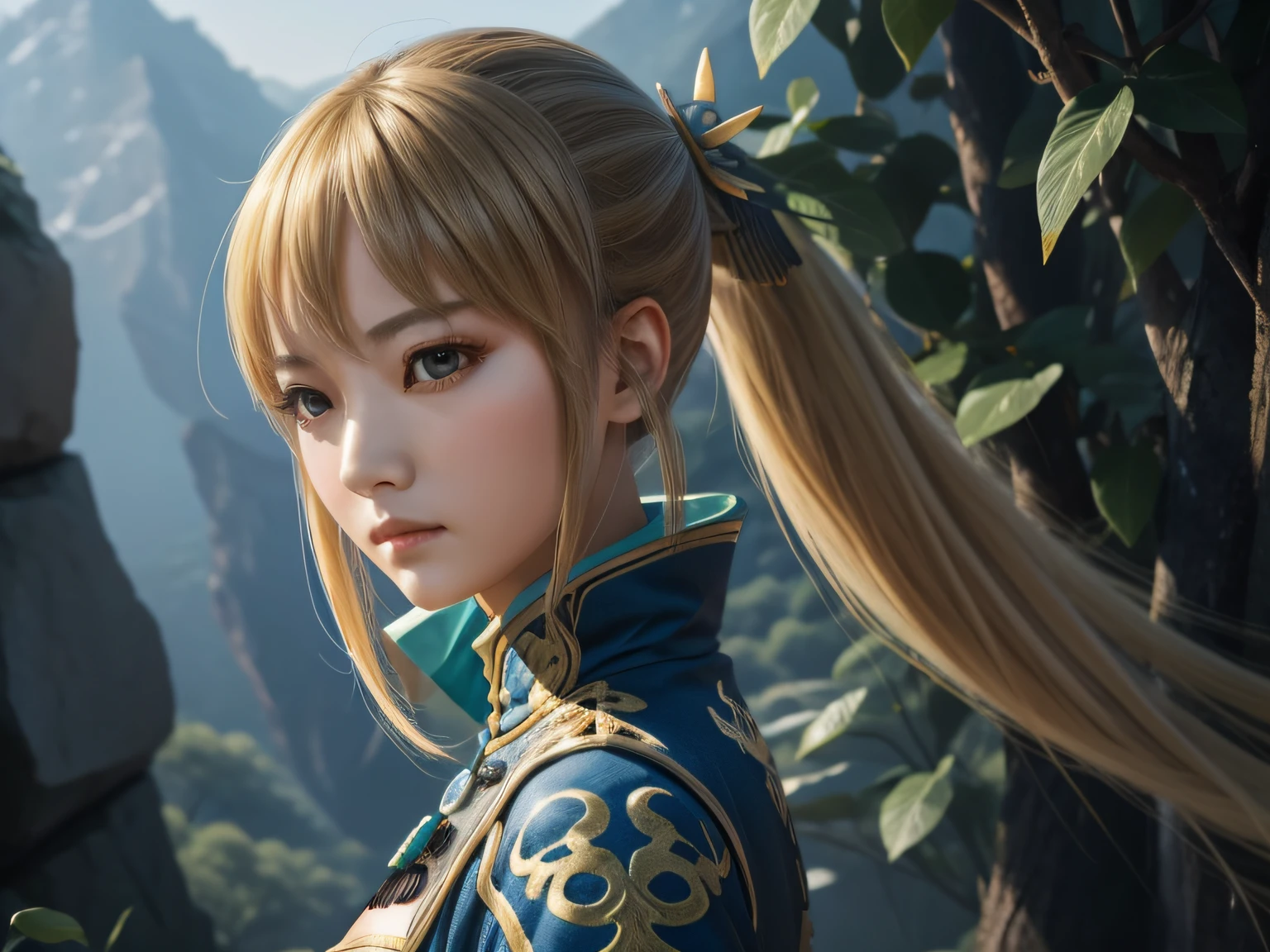 Wang Yuanjie(Wang_Yuanji)、1girl, masterpiece、top-quality、ponytail, {小柄}、{{{Sharp eyes}}}、antiquegold hair, huge tit、Drop your gaze、{chill out}、style、battle field、Blue peacock feathers、{dynamic angle}, Cold eyes、