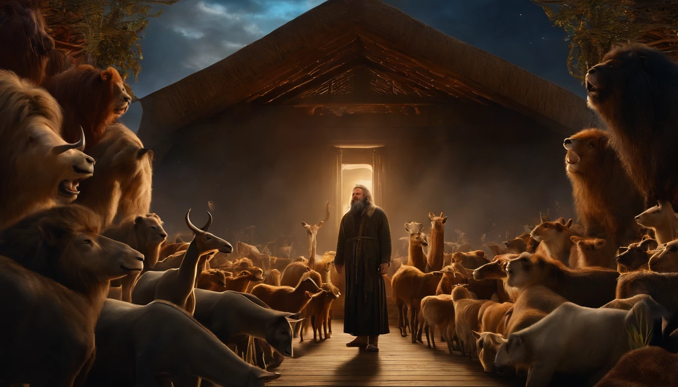 closeup on Noah next to the ark, Dark sky and many animals around the ark, ultrarrealista |