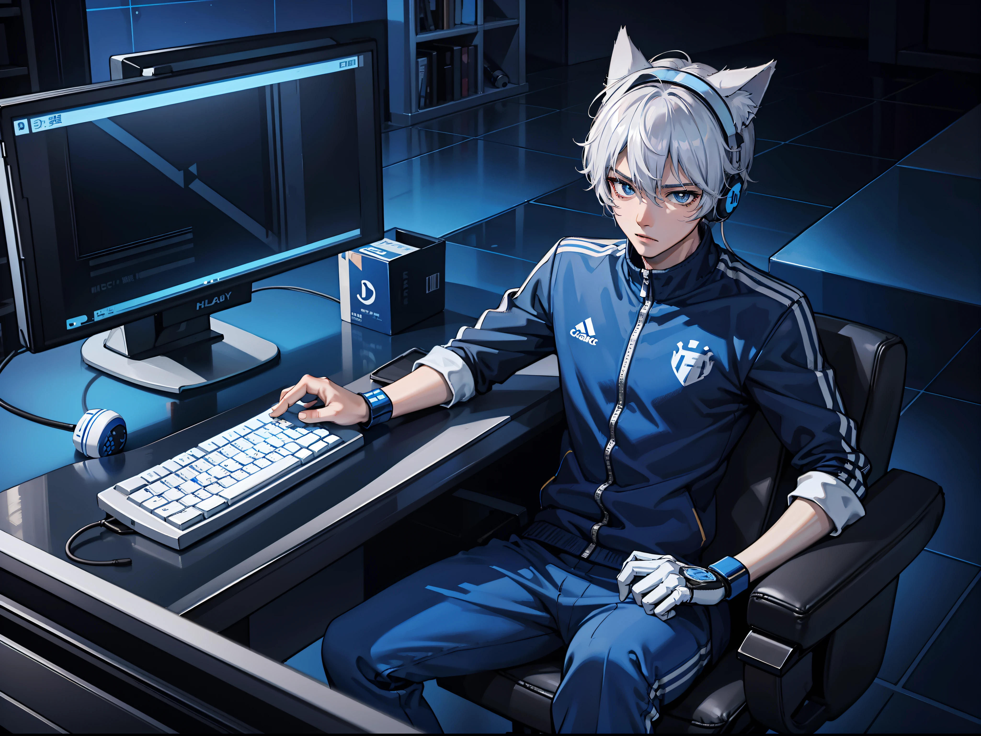 high definition 4k,Anime style sports teenager,A boy,Handsome facial features,Slender hands,The bone joints are distinct,Tapping on the keyboard,intricate face details,Short silver-white hair,Blue pupils,wearing cat ear headphones,Wear a game team outfit,The uniform logo is 9M,Sports suit,sitting in front of the computer,In the background is a room full of esports atmosphere,detail-rich,Mainly black and blue color scheme,Sporty style rendering