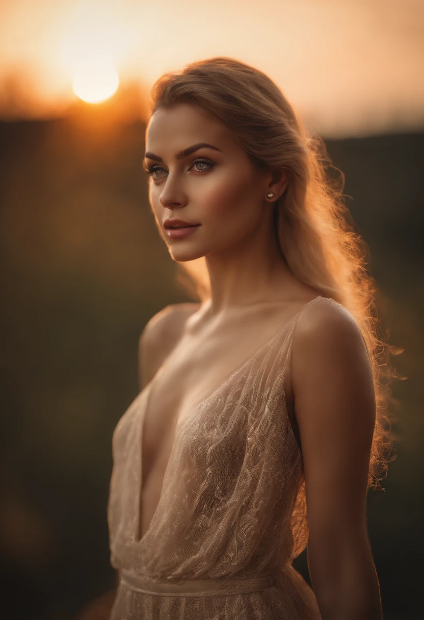 (realistic photo:1.5), (((high resolution photo))), (((extremely detailed))), ((masterpiece)), (beautiful slim woman), (cinematic light:1.1), full body, (cute sexy:0.7), (cute face), Sheer dress, Bare skin is completely see-through, Bare skin is sheer and completely exposed, Pleasure, clothes open, hand held clothes, torn open,, seductive look, weird eyes, (short light honey hair), (rounded face, long eyebrows), depth of field, 35 mm, dinamic, detailed background, sunset, dramatic dawn, dramatic shadows, dark atmosphere, inricate small details, (pale skin), hair ornament