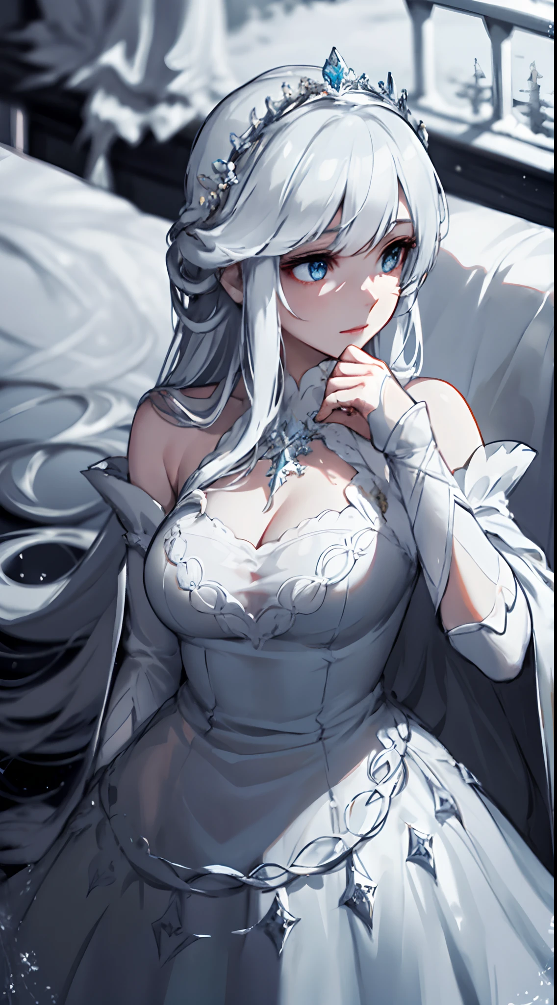 1 girl, upper body, single focus, ethereal beauty, White Queen-inspired gown, serene gaze, (snowy realm: 1.4), (endless white chessboard: 1.3), alabaster complexion, regal aura, [depth of field, ambient lighting, snow-covered foreground, endless white landscape background], Wonderland's White Queen, chessboard monarchy, snowy landscapes, (frozen river), (ivory castle: 1.2), intricate details, enhanced lighting.