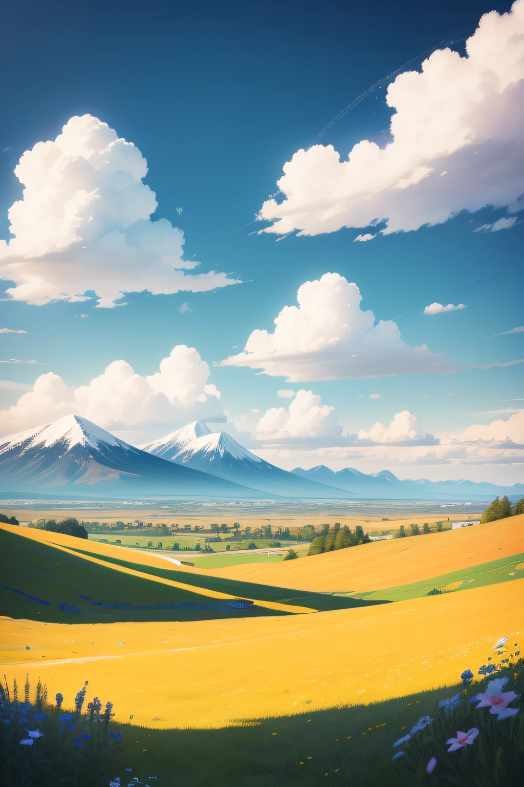 Summer, meadows, large clouds, blue sky, hot weather, cartoon, cell shaded, flat colors, deep field focus bokeh, distant vistas are tall snowy mountains,