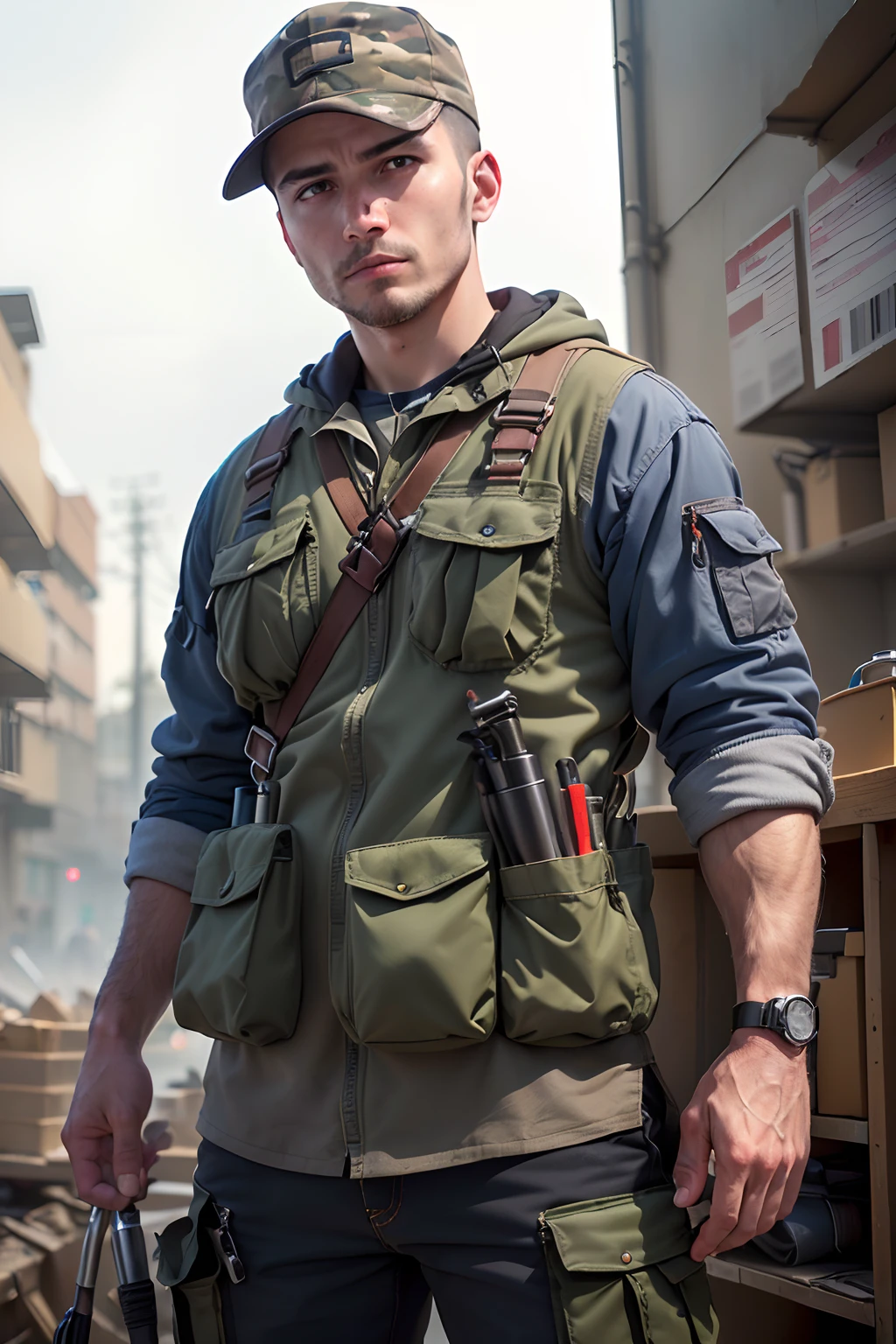 ((Need)), ((tmasterpiece)), (A detailed), Ergonomic tool strap，Cross-body，Strap，obi strip，Very many pockets，Full of tools，greys，camo，Work is in progress，male people，mtu，electrician（Product rendering）（Industrial products）, (A high resolution:1.2)