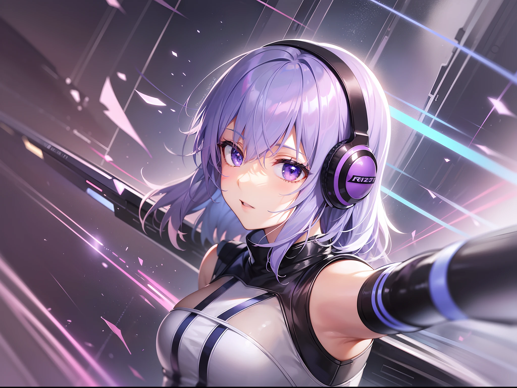 ((Finest quality)),(超A high resolution),(ultra-detailliert),((Best Anime)),sharpnes,clear, ((adult  woman:0.8), (Pilot suit in tight blue tones:1.2,White Line:0.8),(violet hair:1.4,short-cut)