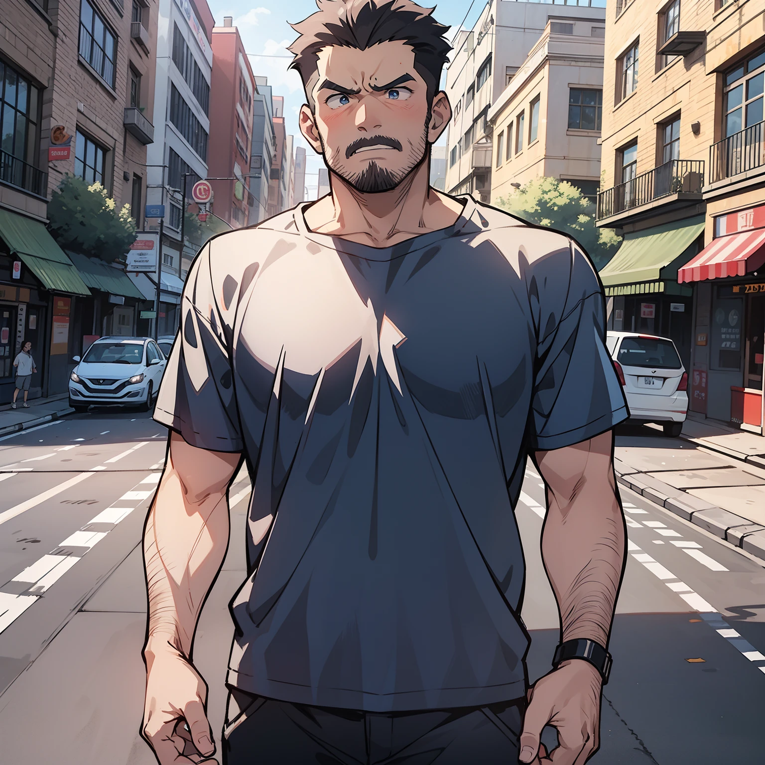 A middle-aged uncle,Black hair and baldness,dressed in a white t-shirt,Standing on the side of the road in town with an angry expression(Open mouth 1.5)(Rage 1.5)(The background is on the roadside of town:1.5),Anime style 4K,Anime rendering,style of anime,8K fineness,(Upper body display:1.5)(Cinematic lighting:1.5)Vicissitudes of middle-aged man 1.5(Wrinkle 1.5)(Slag 1.5)