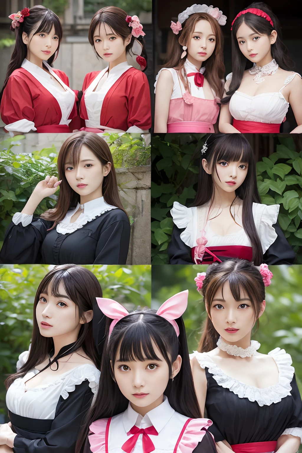 Outrageous resolution、A high resolution、(tmasterpiece:1.4)、ultra - detailed、Clear detail、Dramatic and photorealistic pictorial art、Super Sendai series、All in maid clothes(Reddish、Verdant、A black、amarelo、pink there、Fivesome)Heroes of justice、Decide to change poses、